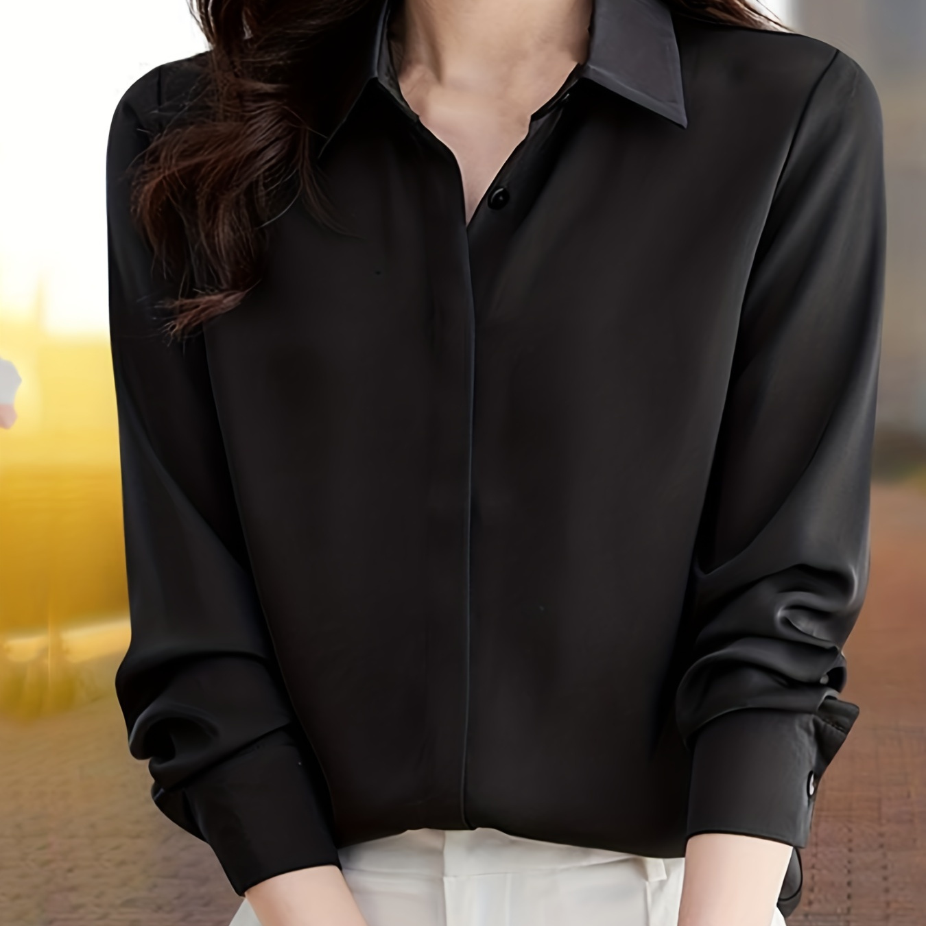 Elegant Black Long Sleeve Shirt For Women - Solid Color, Spring/summer/fall, Polyester, Non-stretch Fabric
Elegant Black Long Sleeve Shirt For Women - Solid Color, Spring/summer/fall, Polyester, Non-stretch Fabric