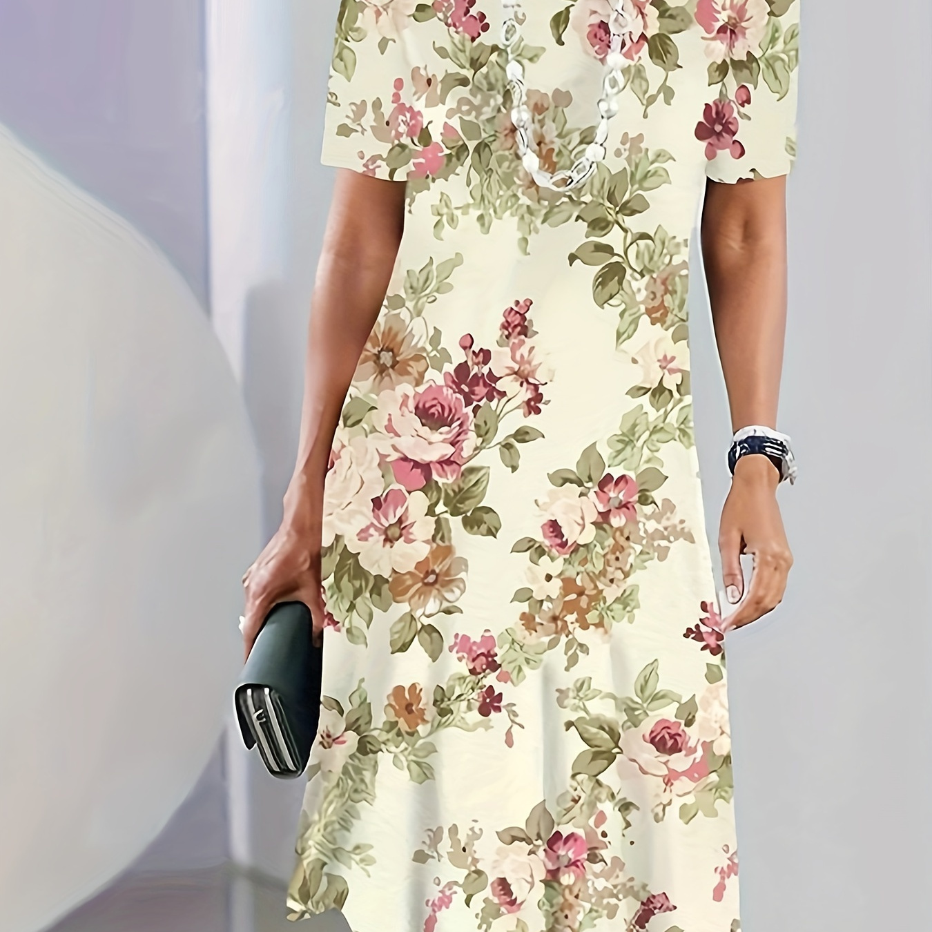 Floral Print Crew Neck Dress, Elegant Short Sleeve Dress For Spring & Summer, Women's Clothing
Floral Print Crew Neck Dress, Elegant Short Sleeve Dress For Spring & Summer, Women's Clothing