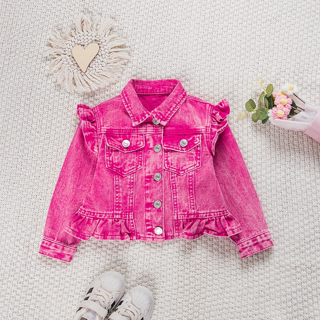 Girls Stylish & Casual Motorcycle Style Solid Colored Button Up Long Sleeve Ruffle Trim Cotton Denim Jacket For Spring & Fall 
Girls Stylish & Casual Motorcycle Style Solid Colored Button Up Long Sleeve Ruffle Trim Cotton Denim Jacket For Spring & Fall