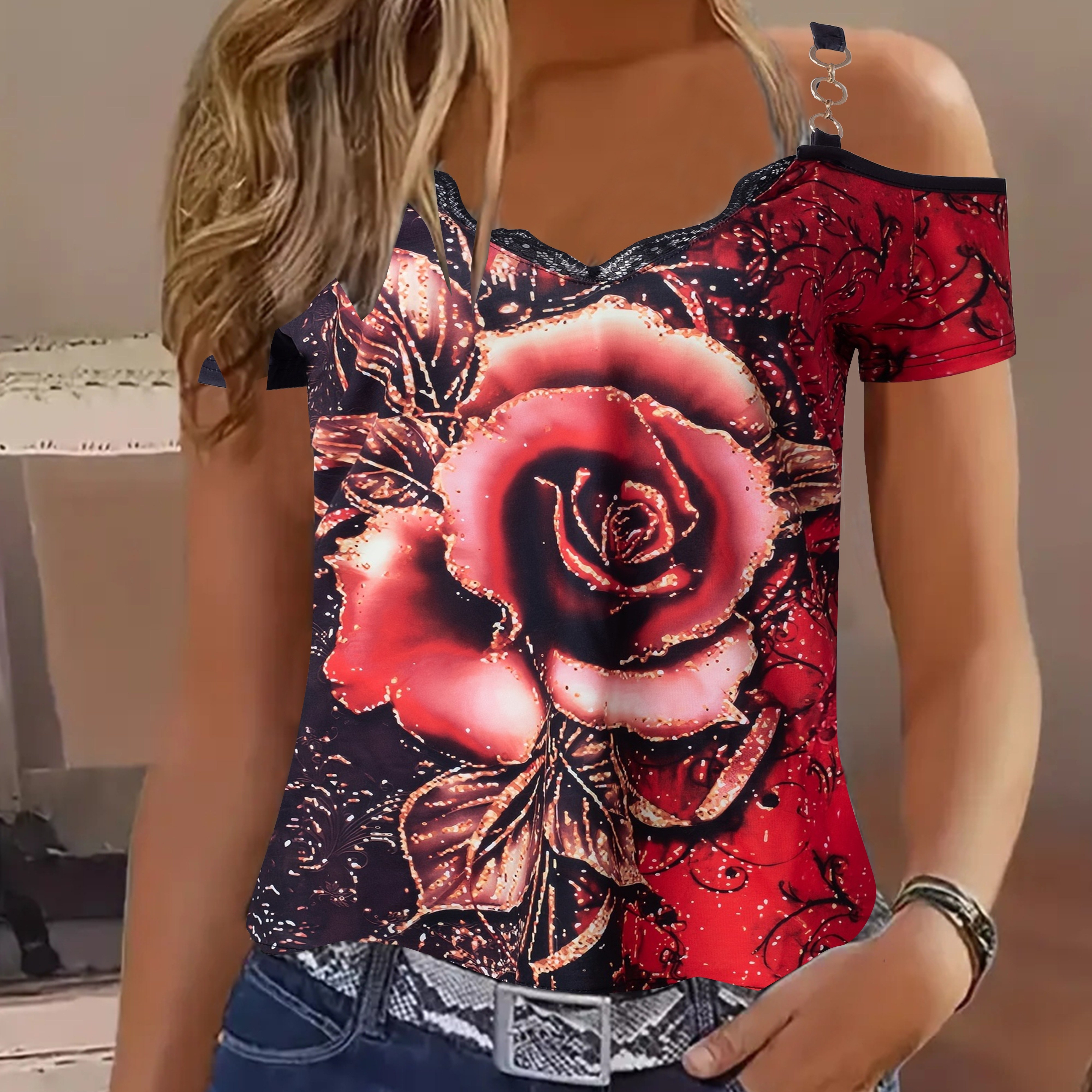 Lace Off-shoulder Print V Neck T-shirt, Casual Loose Short Sleeve Summer T-shirts Tops, Women's Clothing
Lace Off-shoulder Print V Neck T-shirt, Casual Loose Short Sleeve Summer T-shirts Tops, Women's Clothing