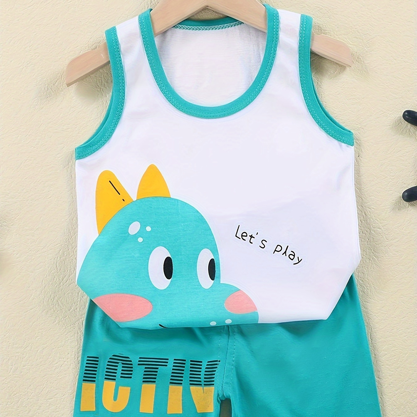 Cute Cartoon Dinosaur Print Kids Cotton Short Set - Crew Neck Sleeveless Tank Top With Matching Shorts, Knit Fabric Slight Stretch, Summer Outfit For Boys
Cute Cartoon Dinosaur Print Kids Cotton Short Set - Crew Neck Sleeveless Tank Top With Matching Shorts, Knit Fabric Slight Stretch, Summer Outfit For Boys