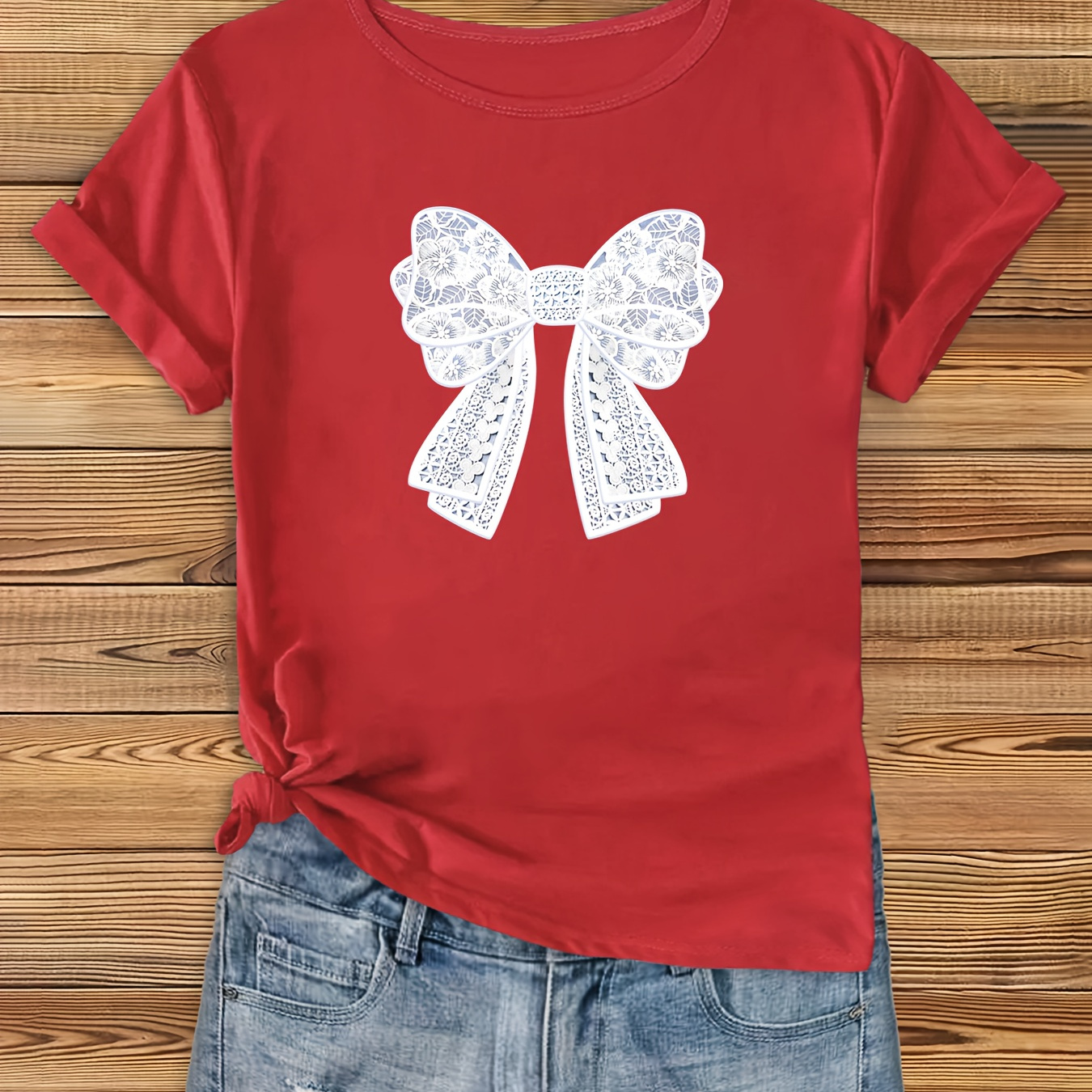 Bow Print T-shirt, Short Sleeve Crew Neck Casual Top For Summer & Spring, Women's Clothing
Bow Print T-shirt, Short Sleeve Crew Neck Casual Top For Summer & Spring, Women's Clothing