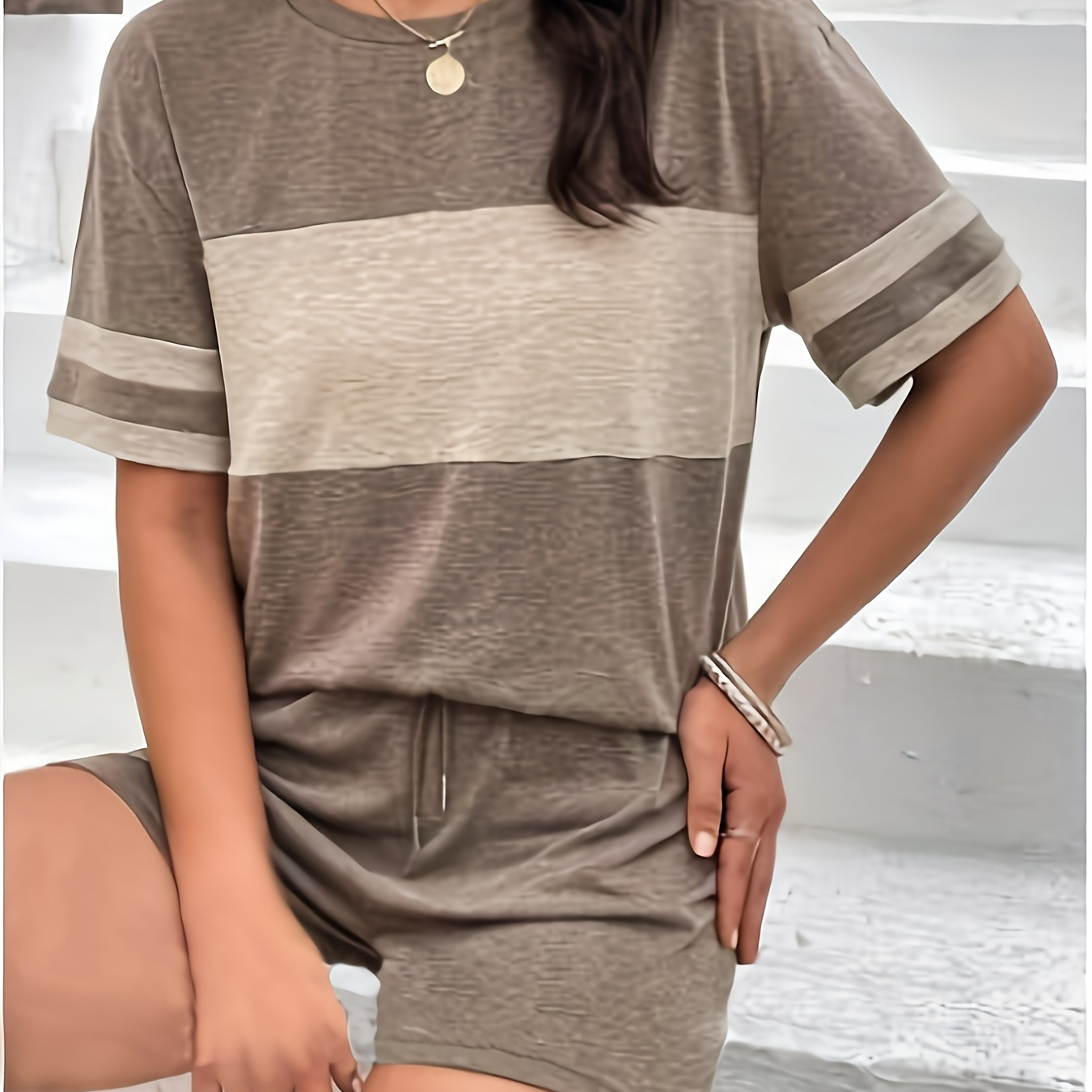Striped Print Casual Shorts Set, Crew Neck Short Sleeve Top & Drawstring High Waist Shorts Outfits For Spring & Summer, Women's Clothing
Striped Print Casual Shorts Set, Crew Neck Short Sleeve Top & Drawstring High Waist Shorts Outfits For Spring & Summer, Women's Clothing