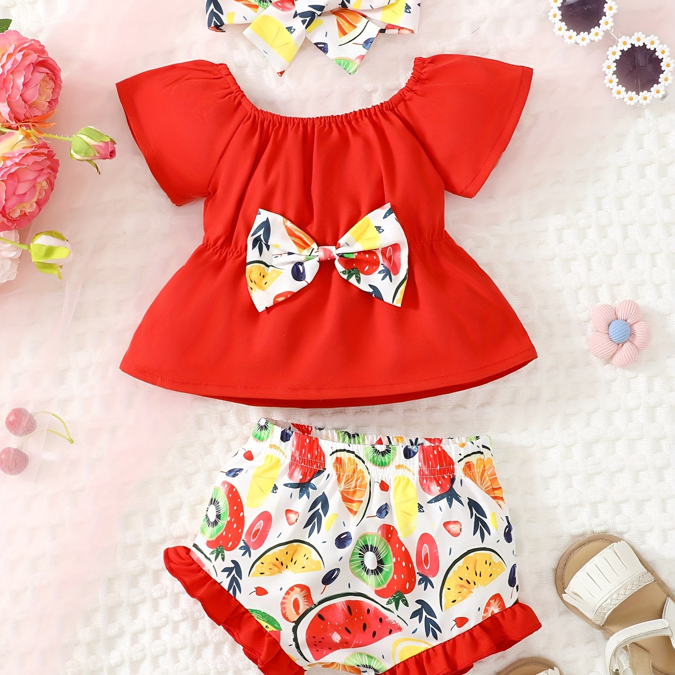 Baby's Fruit Print 2pcs Casual Summer Outfit, Bowknot Cap Sleeve Top & Ruffle Trim Shorts Set, Toddler & Infant Girl's Clothes For Daily/holiday/party
Baby's Fruit Print 2pcs Casual Summer Outfit, Bowknot Cap Sleeve Top & Ruffle Trim Shorts Set, Toddler & Infant Girl's Clothes For Daily/holiday/party