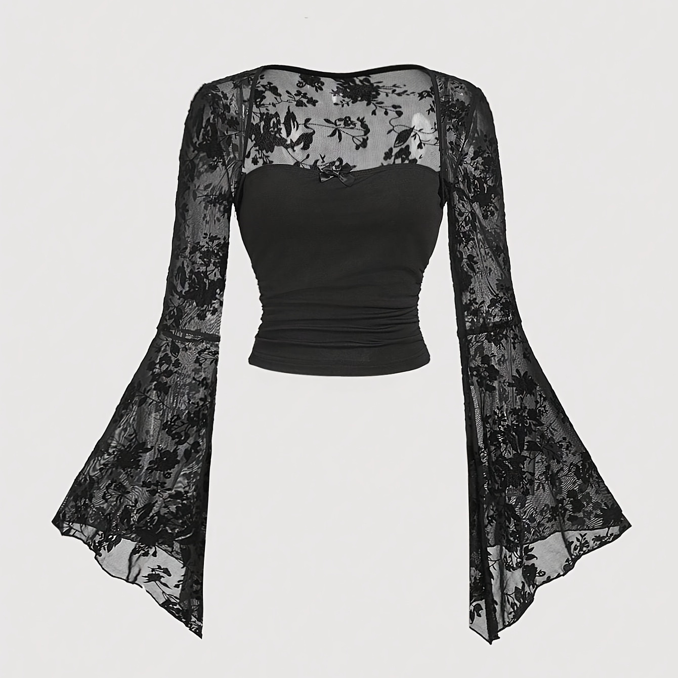 Elegant Black Lace Bell Sleeve Bow Tie Top, Polyester , Collarless, Long Sleeve, Solid Color, Knit Fabric, For All
Elegant Black Lace Bell Sleeve Bow Tie Top, Polyester , Collarless, Long Sleeve, Solid Color, Knit Fabric, For All