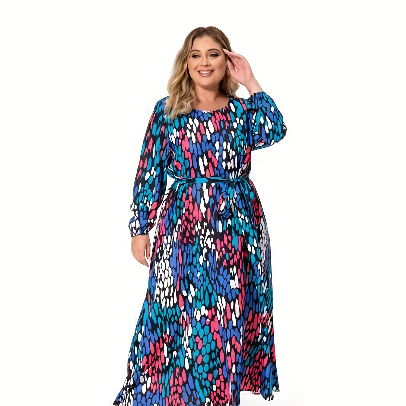 Plus Size Casual Dress, Women's Plus Allover Print Long Sleeve Round Neck Maxi Dress With Belt
Plus Size Casual Dress, Women's Plus Allover Print Long Sleeve Round Neck Maxi Dress With Belt