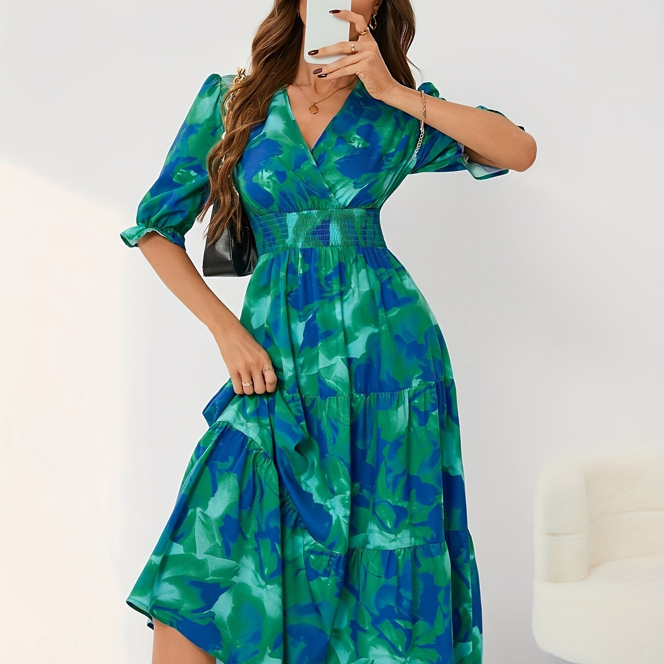 Allover Print Shirred Waist Dress, Elegant Flared Sleeve Surplice Neck Dress, Women's Clothing For Elegant Dressing
Allover Print Shirred Waist Dress, Elegant Flared Sleeve Surplice Neck Dress, Women's Clothing For Elegant Dressing