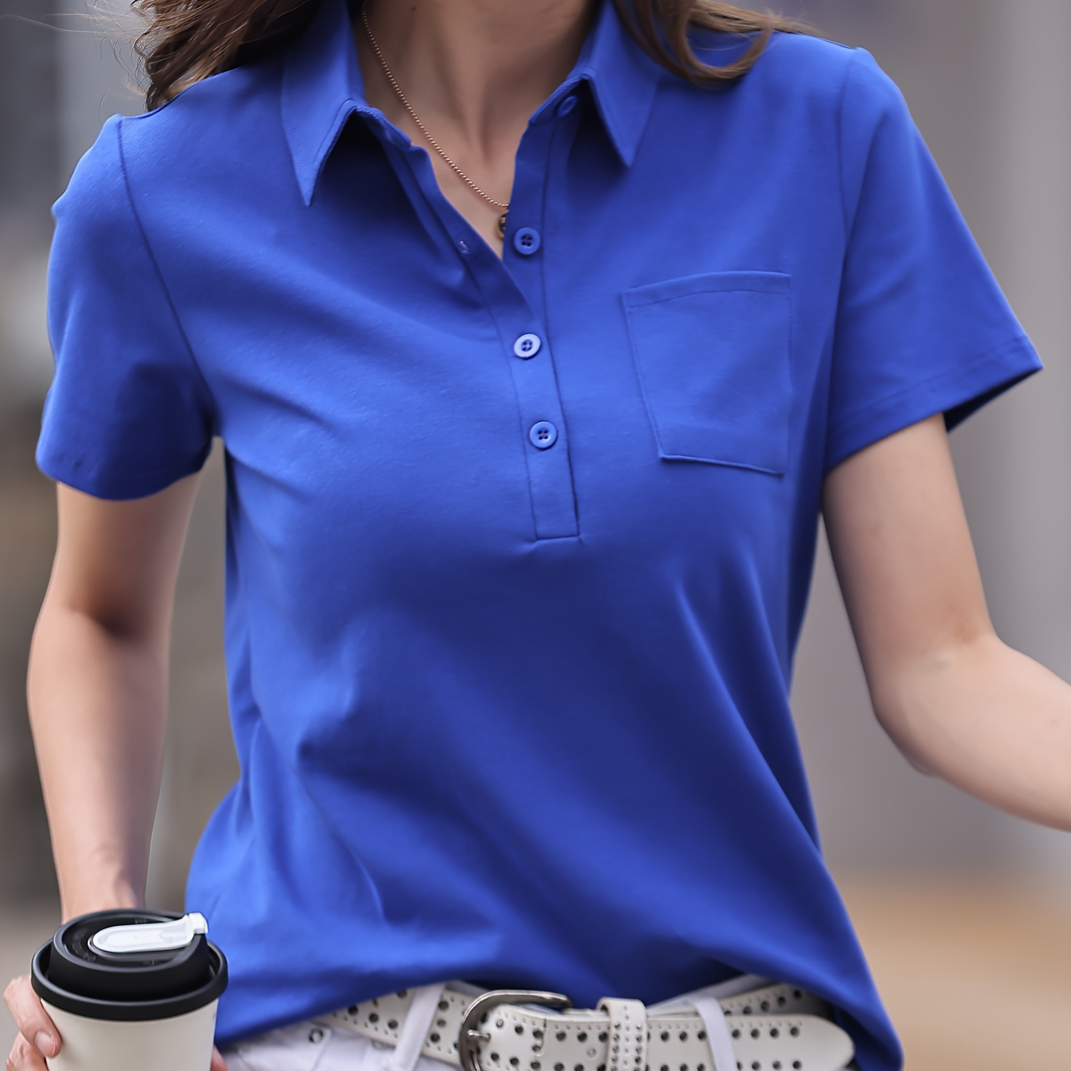 Solid Color Button Front T-shirt, Casual Turn Down Collar Short Sleeve Pocket T-shirt For Summer, Women's Clothing
Solid Color Button Front T-shirt, Casual Turn Down Collar Short Sleeve Pocket T-shirt For Summer, Women's Clothing