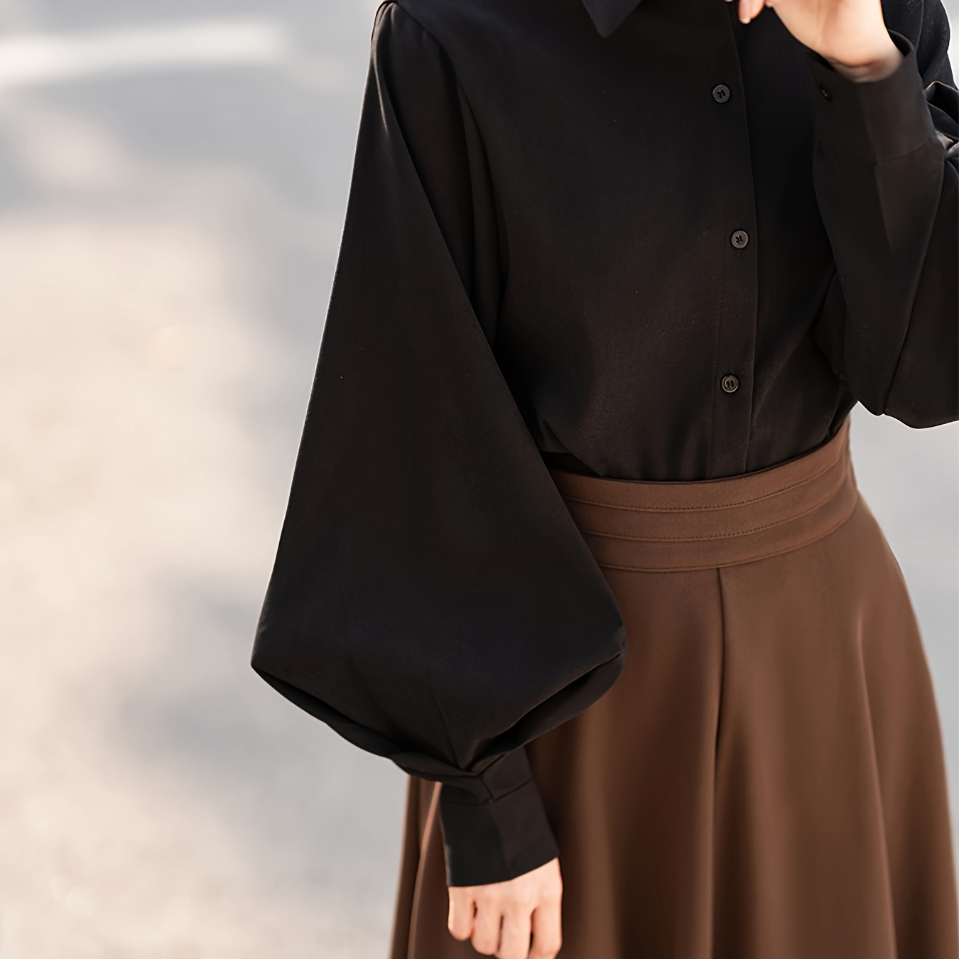 Elegant Black Brushed Long Sleeve Shirt For Women - Vintage-inspired Lantern Sleeves, Button-up Collar, Fall/winter
Elegant Black Brushed Long Sleeve Shirt For Women - Vintage-inspired Lantern Sleeves, Button-up Collar, Fall/winter