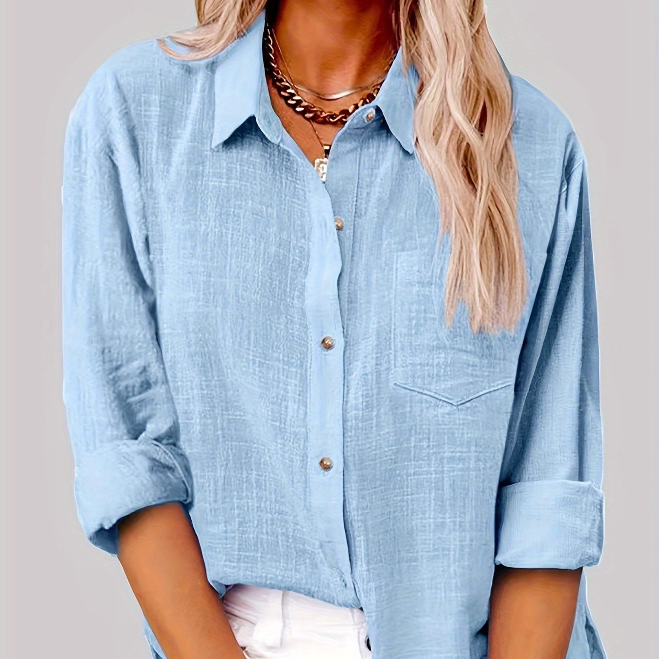 Solid Polo Collar Button Shirt, Casual Pocket Long Sleeve Shirt For Spring & Fall, Women's Clothing
Solid Polo Collar Button Shirt, Casual Pocket Long Sleeve Shirt For Spring & Fall, Women's Clothing