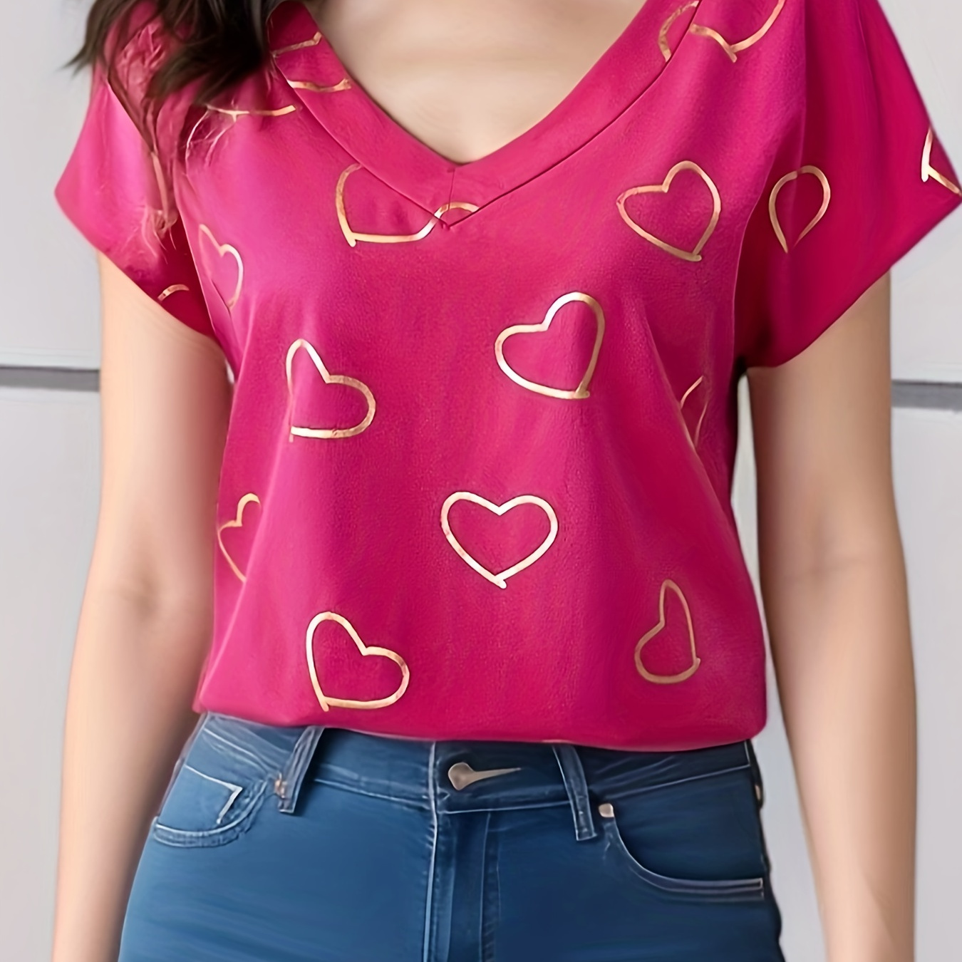 Heart Print V Neck Blouse, Elegant Short Sleeve Top For Spring & Summer, Women's Clothing
Heart Print V Neck Blouse, Elegant Short Sleeve Top For Spring & Summer, Women's Clothing