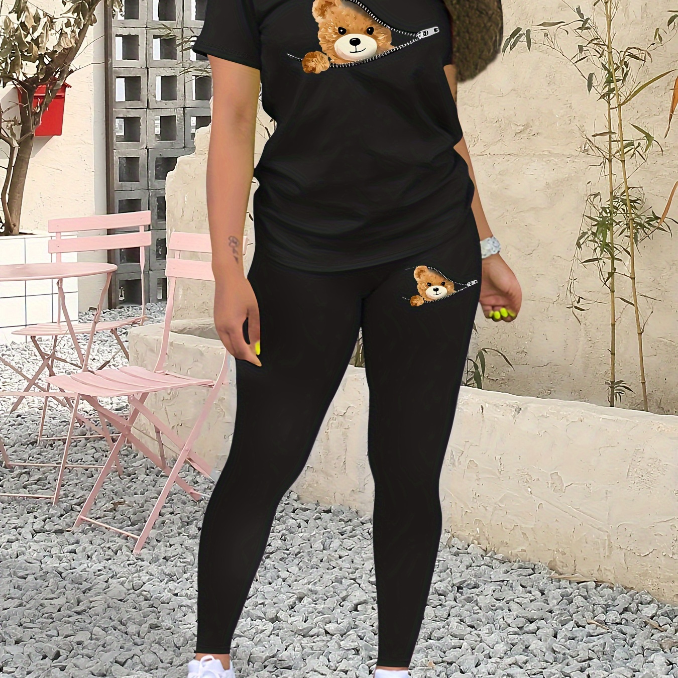 Bear & Zipper Print Matching Two-piece Set, Casual Short Sleeve T-shirt & Skinny Leggings Outfits, Women's Clothing
Bear & Zipper Print Matching Two-piece Set, Casual Short Sleeve T-shirt & Skinny Leggings Outfits, Women's Clothing
