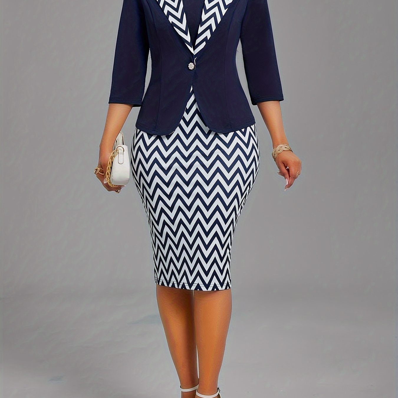 Elegant Striped Slim Two-piece Skirt Set, Lapel Collar Half Sleeve Top & Bodycon Skirt Outfits, Women's Clothing
Elegant Striped Slim Two-piece Skirt Set, Lapel Collar Half Sleeve Top & Bodycon Skirt Outfits, Women's Clothing