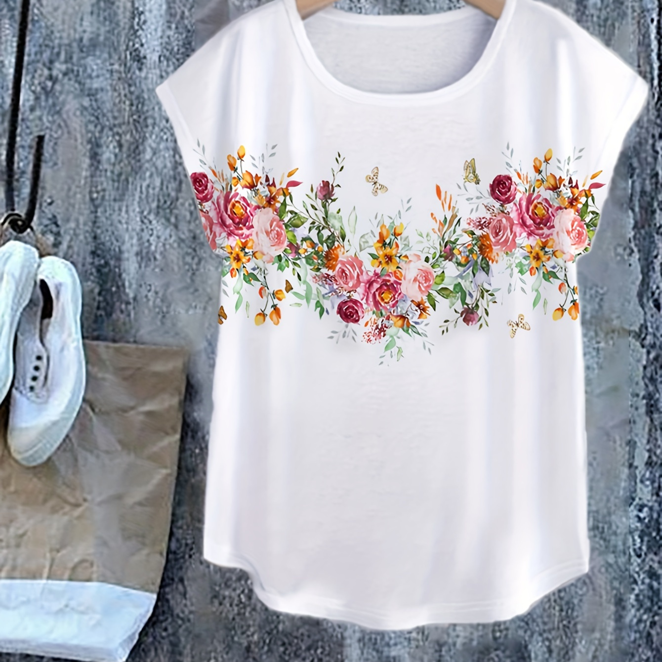 Floral Print T-shirt, Casual Crew Neck Cap Sleeve Top For Spring & Summer, Women's Clothing
Floral Print T-shirt, Casual Crew Neck Cap Sleeve Top For Spring & Summer, Women's Clothing