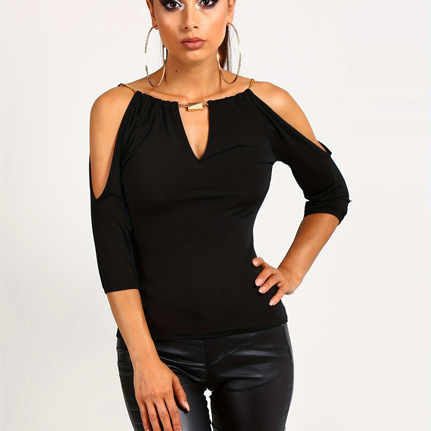 Solid Cold Shoulder Chain Detail T-shirt, Y2k Half Sleeve Fit T-shirt For Spring & Summer, Women's Clothing
Solid Cold Shoulder Chain Detail T-shirt, Y2k Half Sleeve Fit T-shirt For Spring & Summer, Women's Clothing