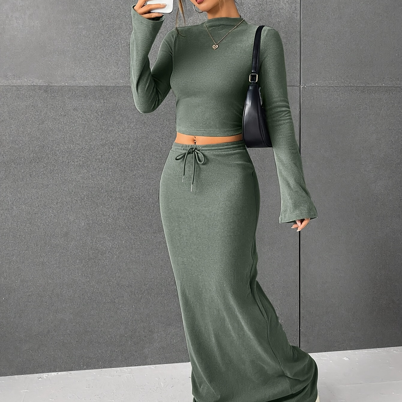 2pcs/set Women's Casual Polyester Dress Set, Long Sleeve Top With Flared Sleeves And Drawstring Midi Skirt, Solid Color, Autumn/
2pcs/set Women's Casual Polyester Dress Set, Long Sleeve Top With Flared Sleeves And Drawstring Midi Skirt, Solid Color, Autumn/
