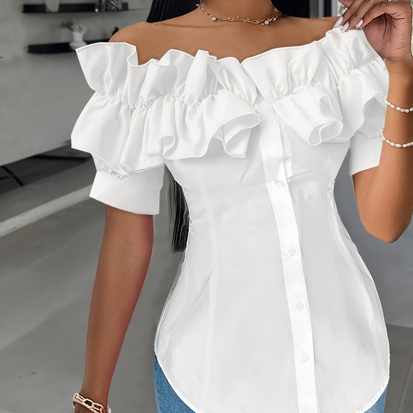 Layered Ruffle Trim Off Shoulder Blouse, Elegant Single Breasted Slim Blouse For Spring & Fall, Women's Clothing
Layered Ruffle Trim Off Shoulder Blouse, Elegant Single Breasted Slim Blouse For Spring & Fall, Women's Clothing
