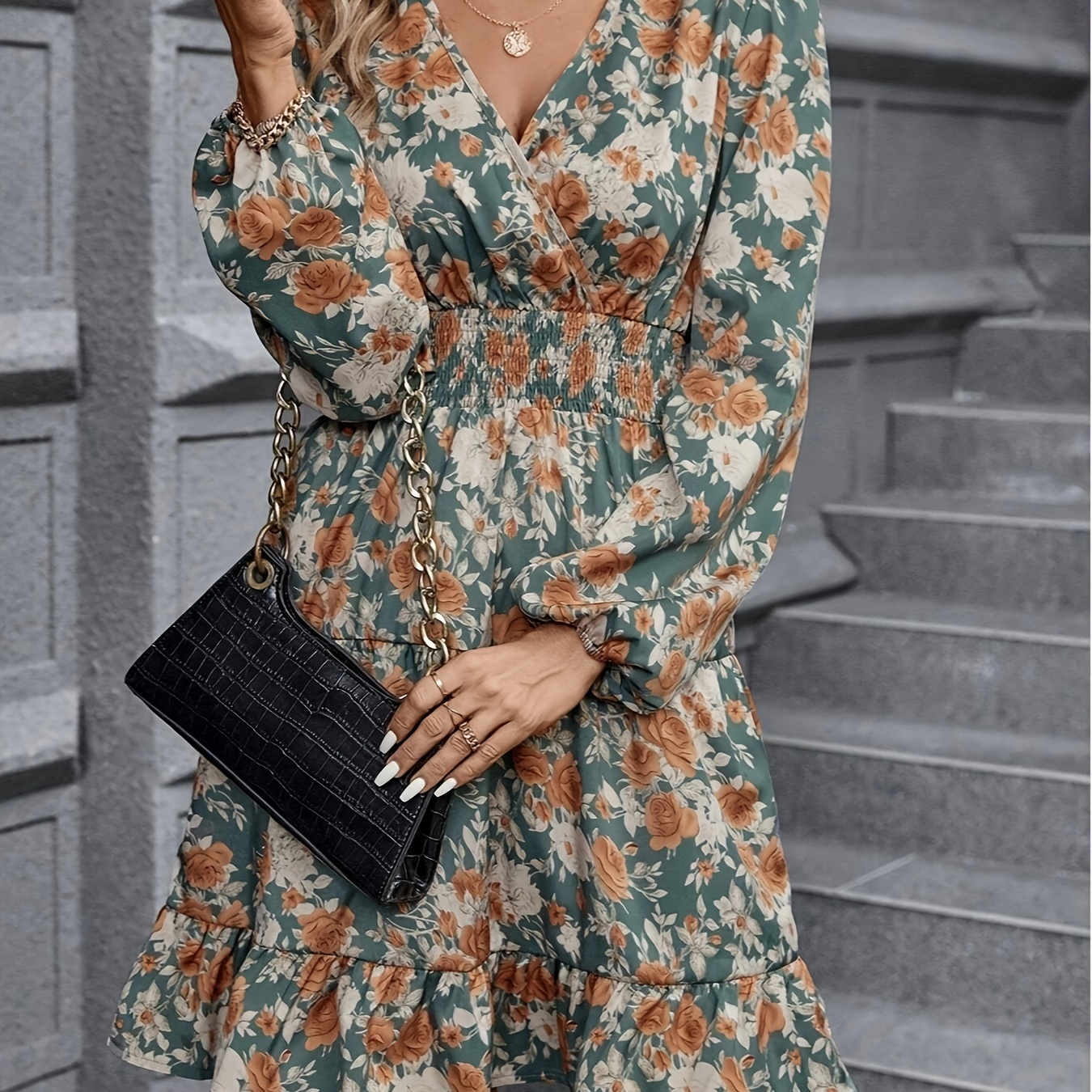 Jtinble Elegant Floral With Deep V-neck And Long Sleeves - Green And Brown Print, Ruffle Hem, Comfortable Polyester For All , , Machine Washable, Jtinble
Jtinble Elegant Floral With Deep V-neck And Long Sleeves - Green And Brown Print, Ruffle Hem, Comfortable Polyester For All , , Machine Washable, Jtinble