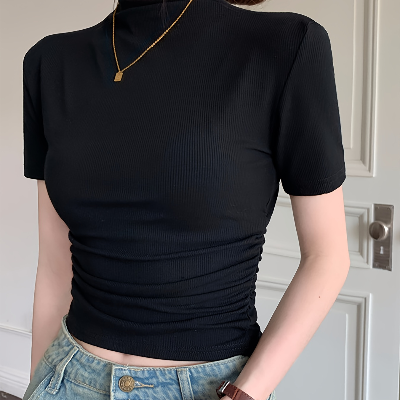 Women's Summer Elegant Polyester T-shirt With Detail - High Neck, Solid Color, Short Sleeve, Knit Fabric, For Spring/summer
Women's Summer Elegant Polyester T-shirt With Detail - High Neck, Solid Color, Short Sleeve, Knit Fabric, For Spring/summer