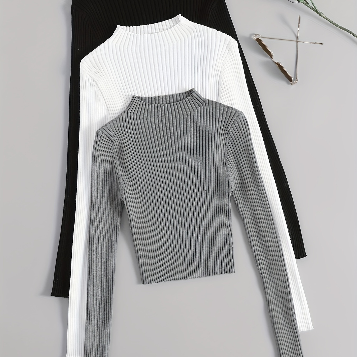 Solid Mock Neck Rib Knit Top 3 Pack, Casual Long Sleeve Slim Versatile Sweater, Women's Clothing
Solid Mock Neck Rib Knit Top 3 Pack, Casual Long Sleeve Slim Versatile Sweater, Women's Clothing