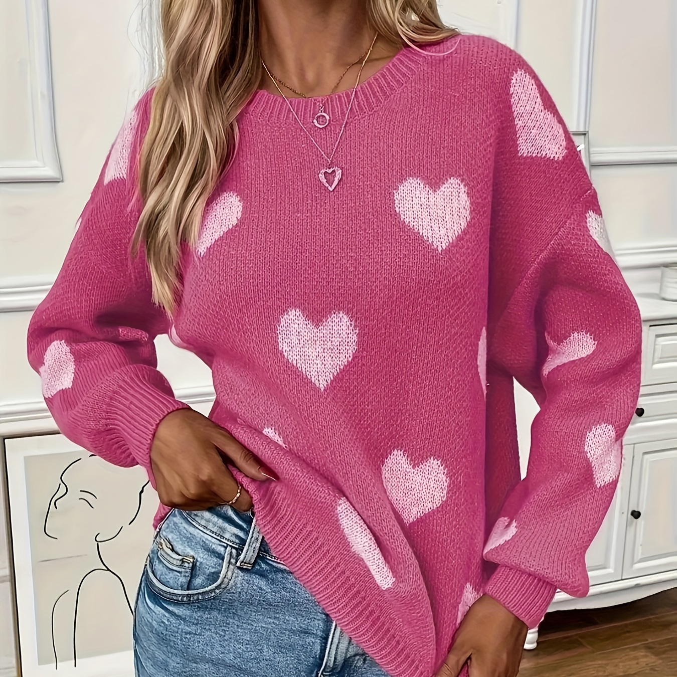 Heart Pattern Crew Neck Knit Sweater, Casual Long Sleeve Pullover Sweater For Fall & Winter, Women's Clothing
Heart Pattern Crew Neck Knit Sweater, Casual Long Sleeve Pullover Sweater For Fall & Winter, Women's Clothing