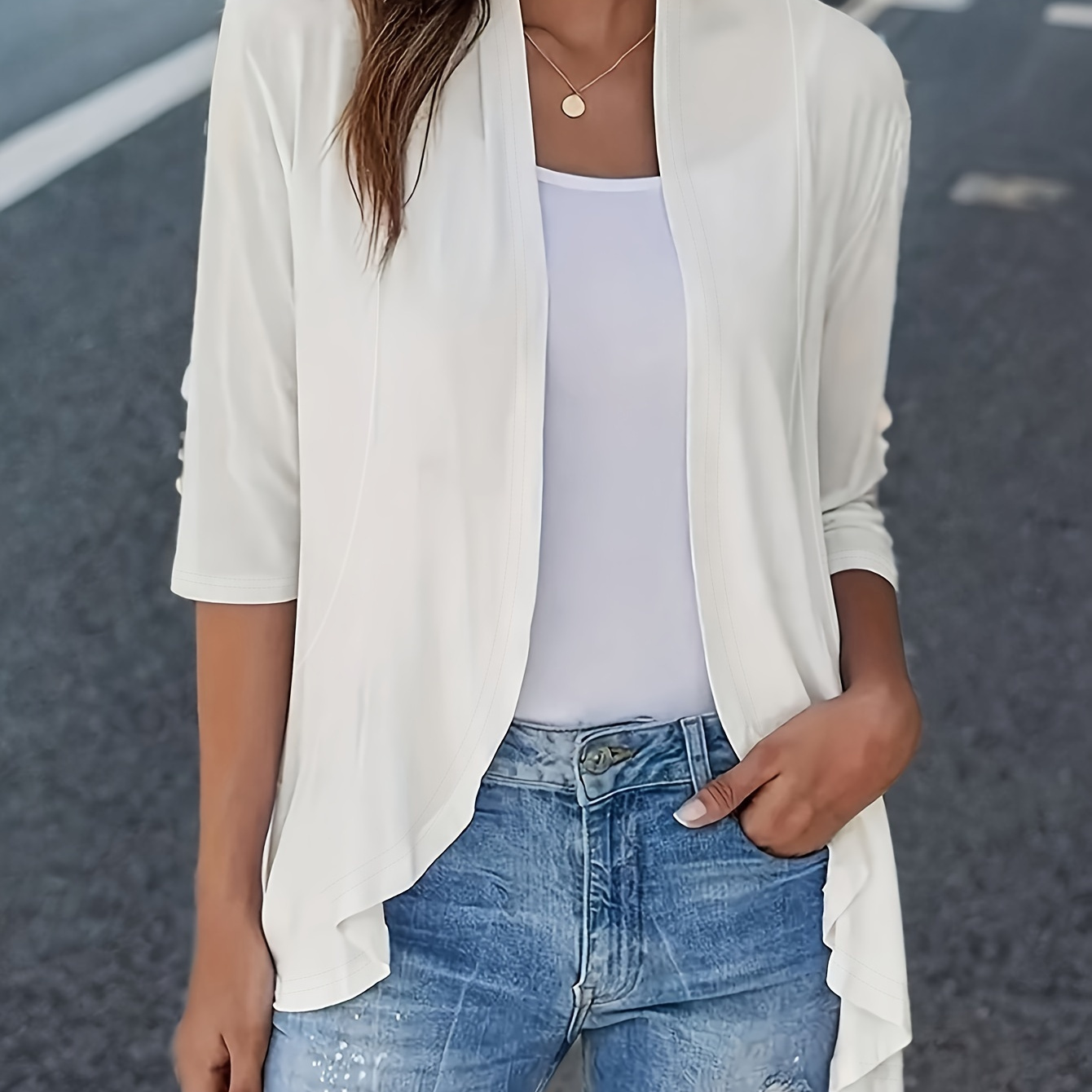 Solid Ruffle Hem Open Front Cardigan, Versatile Half Sleeve Cardigan For Spring & Fall, Women's Clothing
Solid Ruffle Hem Open Front Cardigan, Versatile Half Sleeve Cardigan For Spring & Fall, Women's Clothing