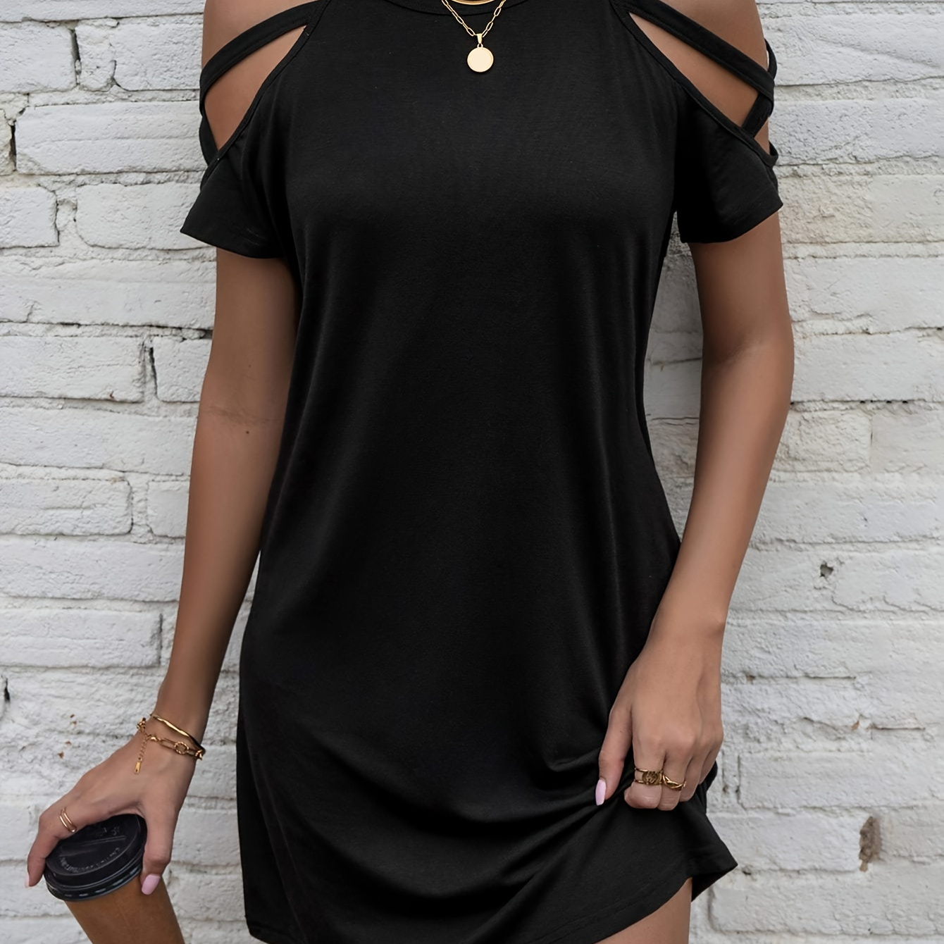 Cold Shoulder Crew Neck Dress, Elegant Solid Color Short Sleeve Dress For Spring & Summer, Women's Clothing
Cold Shoulder Crew Neck Dress, Elegant Solid Color Short Sleeve Dress For Spring & Summer, Women's Clothing