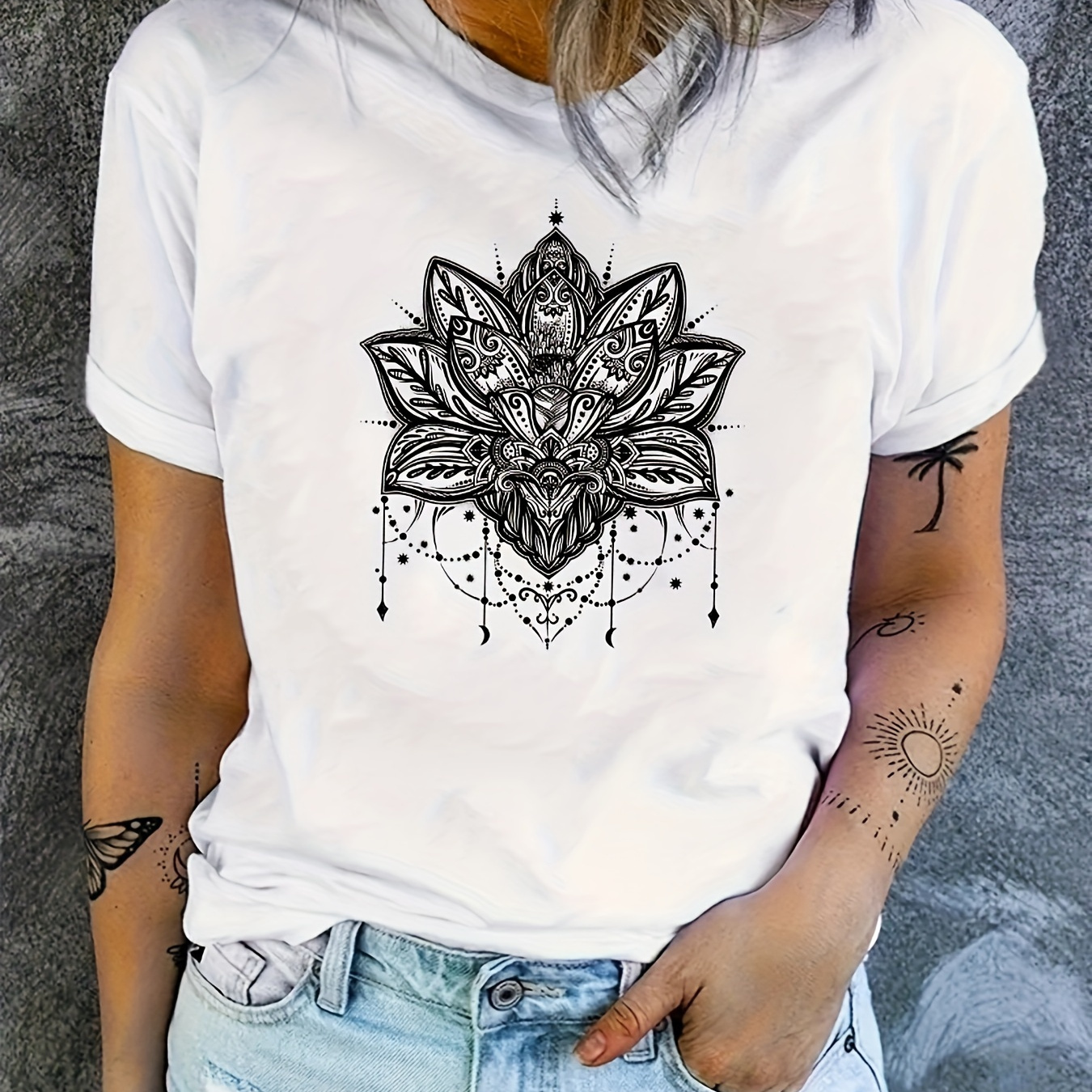 Lotus Print T-shirt, Short Sleeve Crew Neck Casual Top For Summer & Spring, Women's Clothing
Lotus Print T-shirt, Short Sleeve Crew Neck Casual Top For Summer & Spring, Women's Clothing
