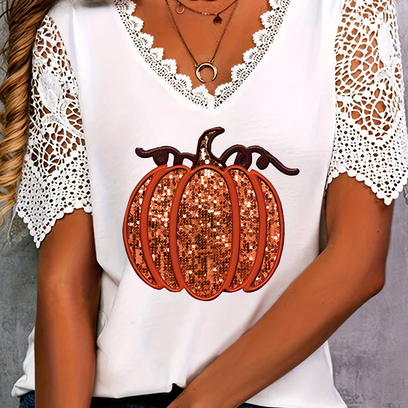 Plus Size Pumpkin Print Lace Trim V Neck T-shirt, Casual Lace Stitching Short Sleeve T-shirt For , Women's Plus Size Clothing
Plus Size Pumpkin Print Lace Trim V Neck T-shirt, Casual Lace Stitching Short Sleeve T-shirt For , Women's Plus Size Clothing