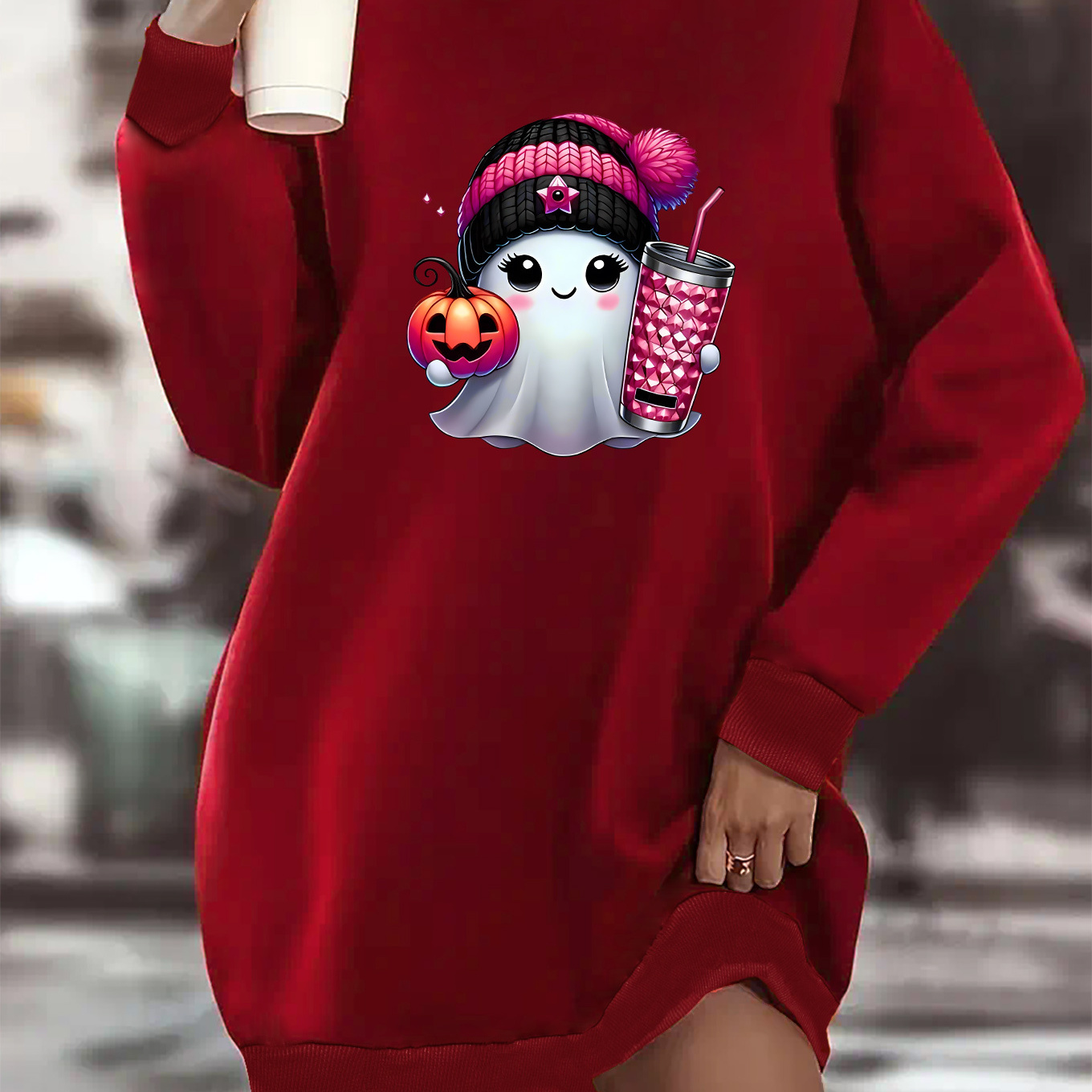 Themed Oversized Sweatshirt Dress With Cute And Pumpkin Design, Polyester Knit Fabric, Round Neck, , Fall/winter Collection
Themed Oversized Sweatshirt Dress With Cute And Pumpkin Design, Polyester Knit Fabric, Round Neck, , Fall/winter Collection