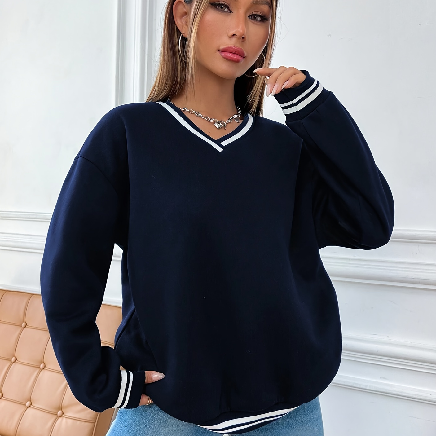 Trim Pullover Sweatshirt, Casual Long Sleeve V Neck Sweatshirt For Spring & Fall, Women's Clothing
Trim Pullover Sweatshirt, Casual Long Sleeve V Neck Sweatshirt For Spring & Fall, Women's Clothing
