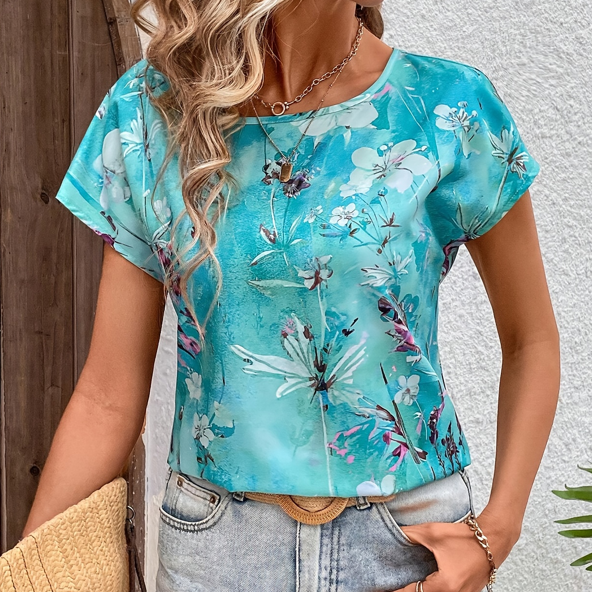 Floral Print Crew Neck Blouse, Elegant Short Sleeve Blouse For Spring & Summer, Women's Clothing
Floral Print Crew Neck Blouse, Elegant Short Sleeve Blouse For Spring & Summer, Women's Clothing