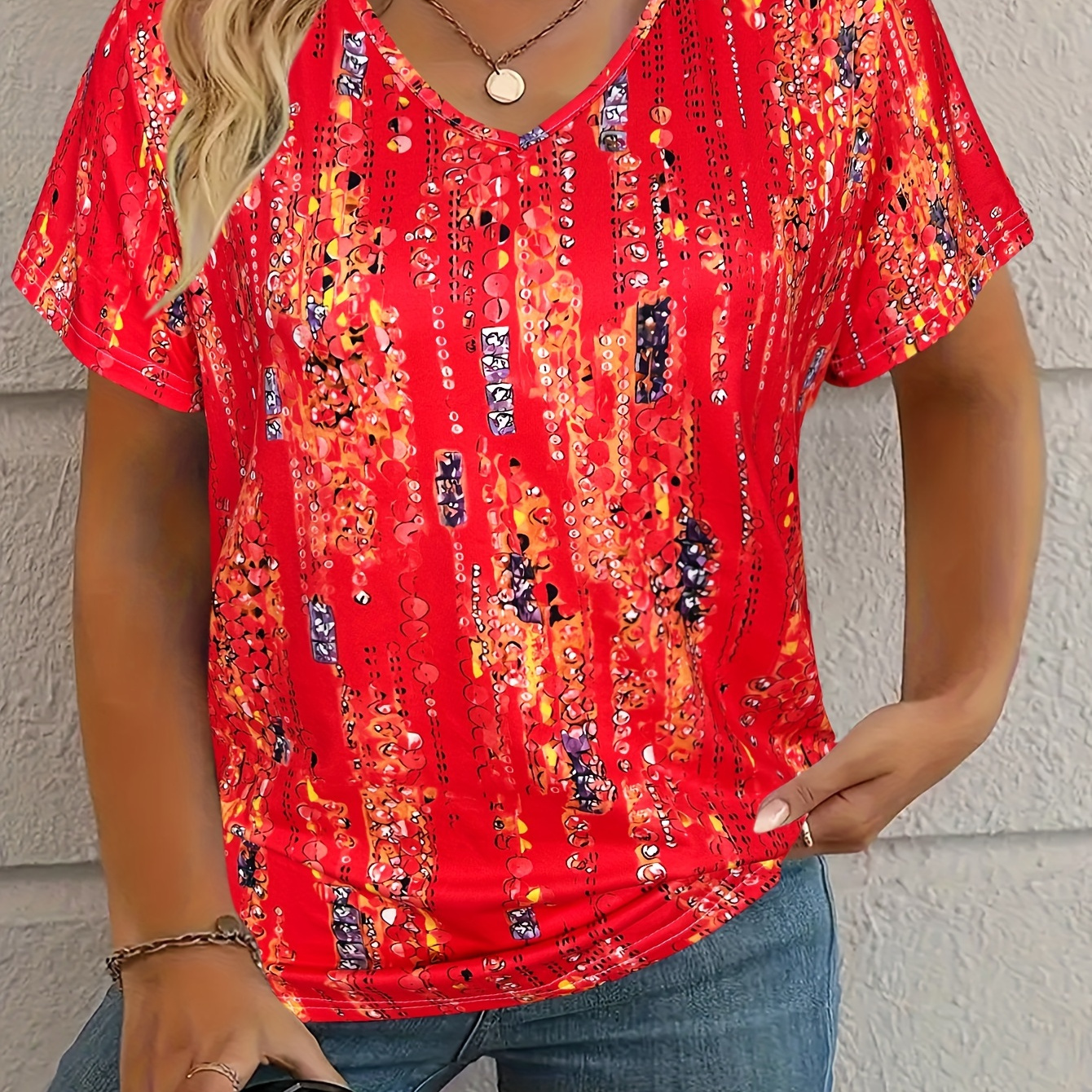 Plus Size Floral Print T-shirt, Casual V Neck Short Sleeve Top For , Women's Plus Size Clothing, Plus Size Ladies Shirts, Patchwork Print,
Plus Size Floral Print T-shirt, Casual V Neck Short Sleeve Top For , Women's Plus Size Clothing, Plus Size Ladies Shirts, Patchwork Print,