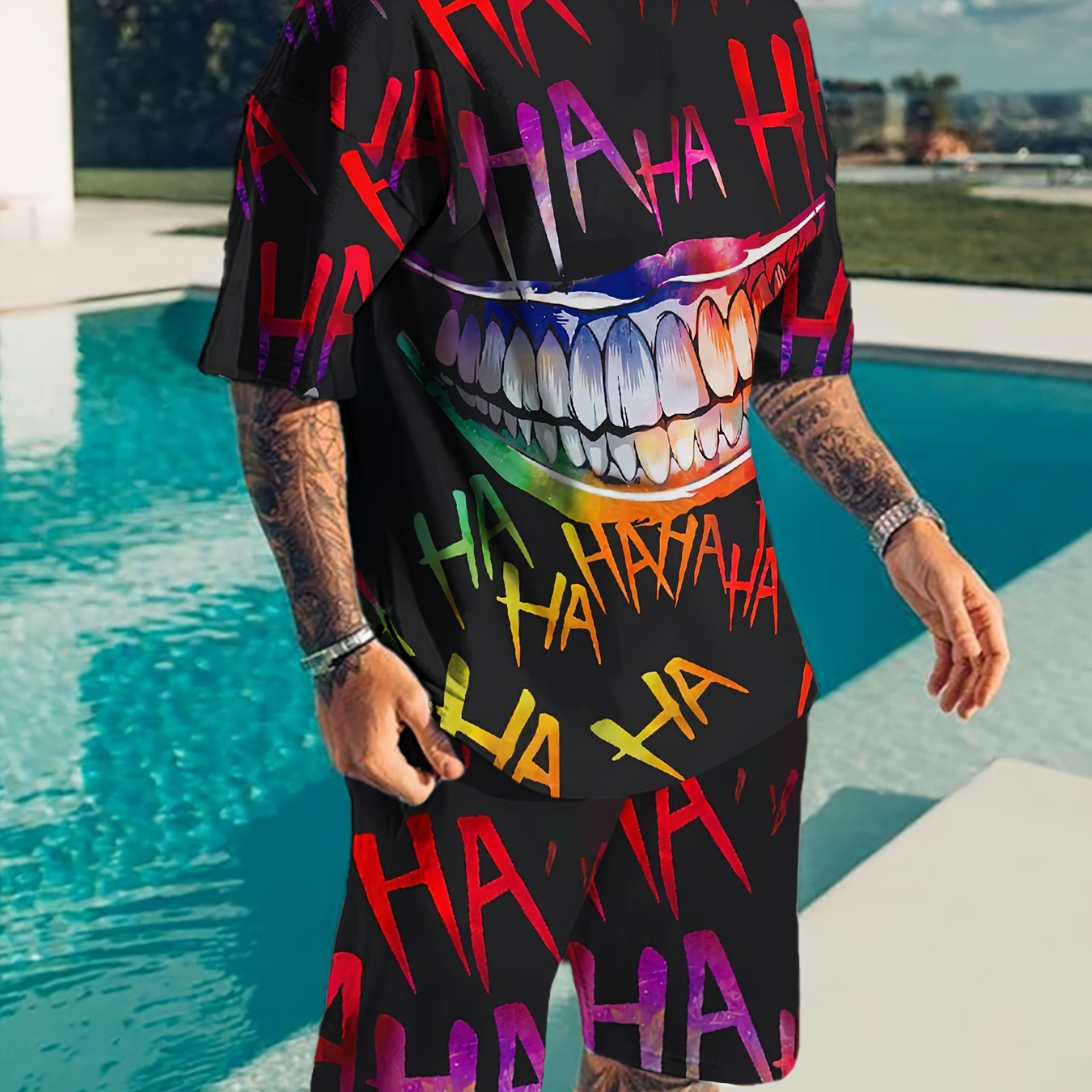 2-piece Men's Novelty Happy Mouth 3d Printed Summer Outfit Set, Men's Short Sleeve Crew Neck T-shirt & Drawstring Shorts With Pockets
2-piece Men's Novelty Happy Mouth 3d Printed Summer Outfit Set, Men's Short Sleeve Crew Neck T-shirt & Drawstring Shorts With Pockets