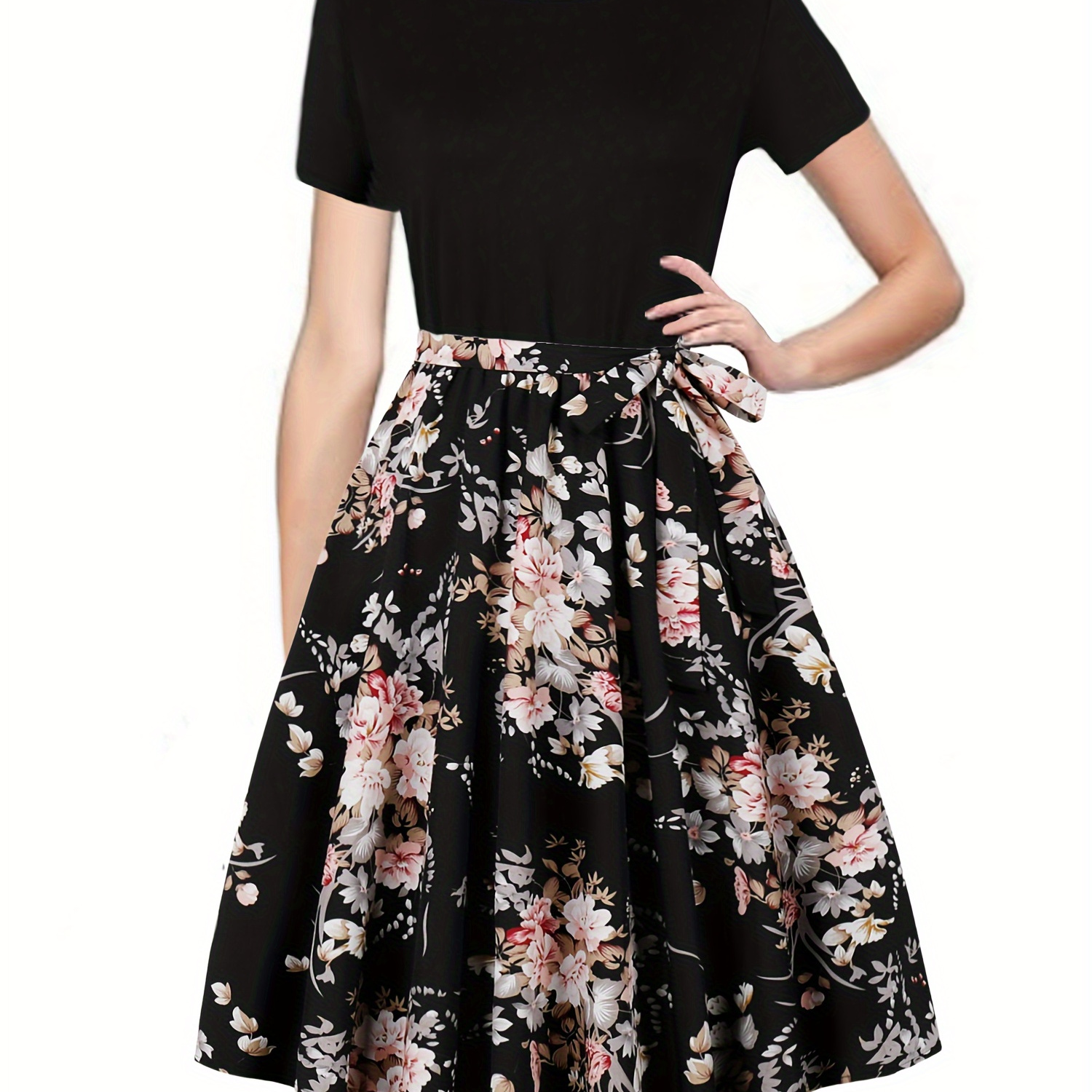 Floral Print Belted Pleated Dress, Elegant Crew Neck Short Sleeve Dress For Spring & Summer, Women's Clothing
Floral Print Belted Pleated Dress, Elegant Crew Neck Short Sleeve Dress For Spring & Summer, Women's Clothing