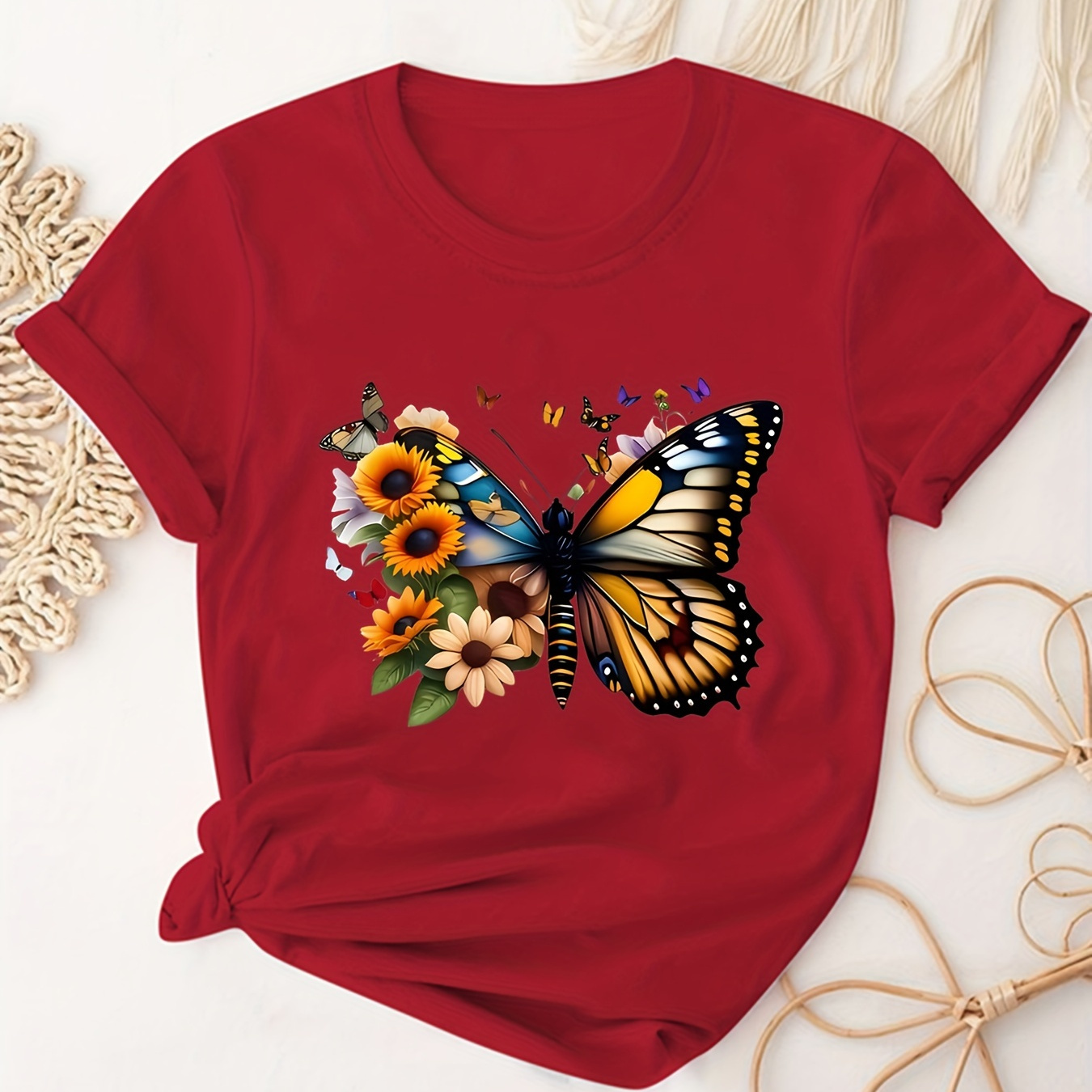 Plus Size Butterfly Print T-shirt, Casual Crew Neck Short Sleeve Top For Spring & Summer, Women's Plus Size Clothing
Plus Size Butterfly Print T-shirt, Casual Crew Neck Short Sleeve Top For Spring & Summer, Women's Plus Size Clothing
