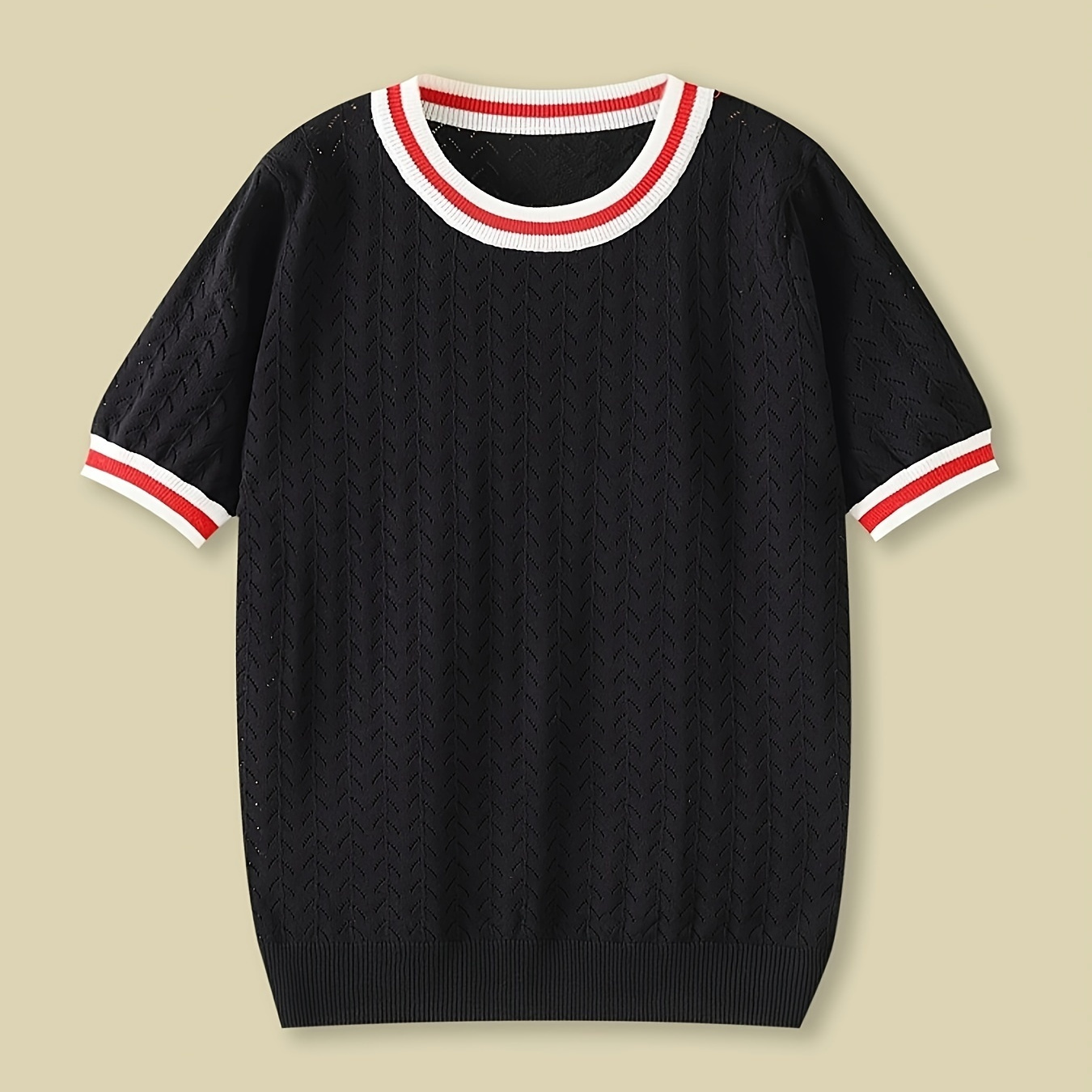 Contrast Trim Crew Neck Knitted Sweater, Casual Short Sleeve Sweater For Spring & Summer, Women's Clothing
Contrast Trim Crew Neck Knitted Sweater, Casual Short Sleeve Sweater For Spring & Summer, Women's Clothing