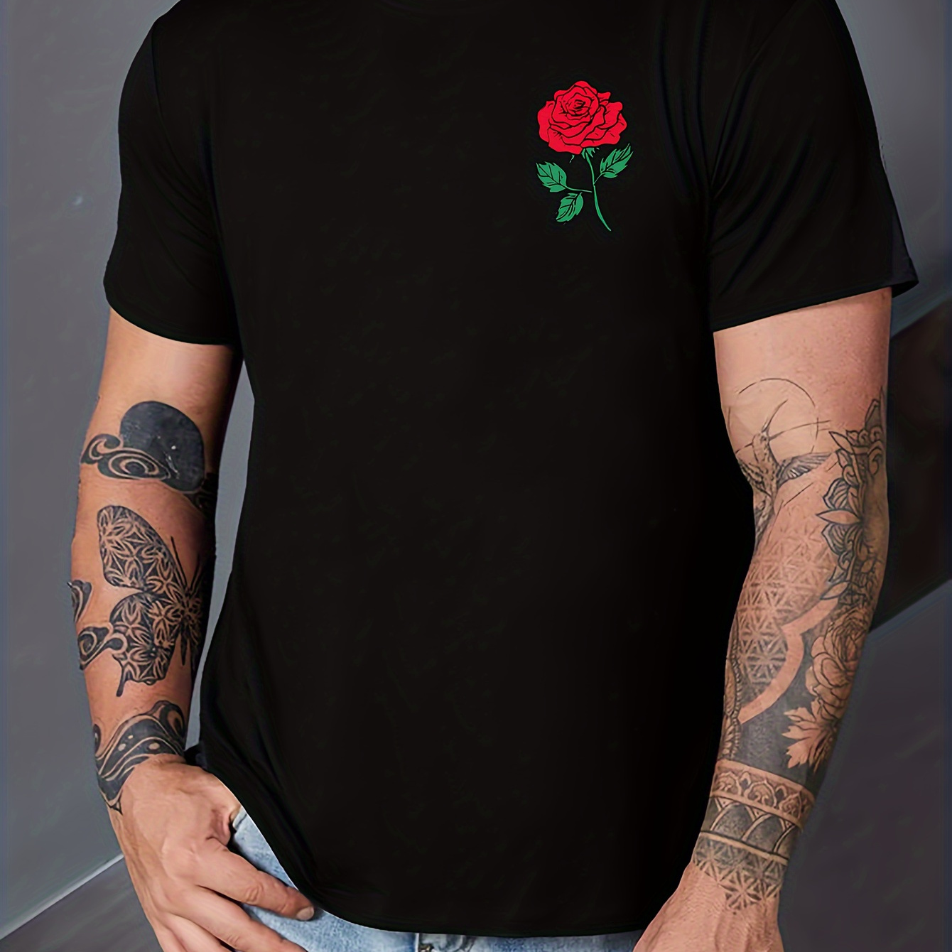 Rose Print Men's Crew Neck Fashionable Short Sleeve Sports T-shirt, Comfortable And Versatile, For Summer And Spring, Athletic Style, Comfort Fit T-shirt, As Gifts
Rose Print Men's Crew Neck Fashionable Short Sleeve Sports T-shirt, Comfortable And Versatile, For Summer And Spring, Athletic Style, Comfort Fit T-shirt, As Gifts