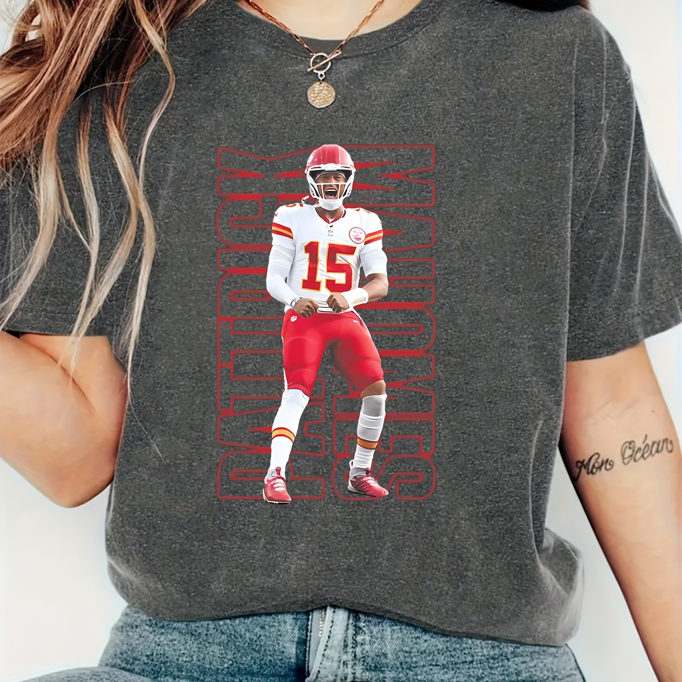 Summer Casual Women's T-shirt With American Football Print, Geometric Pattern, Polyester Knit Fabric, Round Neck, Regular Fit - Fashionable For Women
Summer Casual Women's T-shirt With American Football Print, Geometric Pattern, Polyester Knit Fabric, Round Neck, Regular Fit - Fashionable For Women