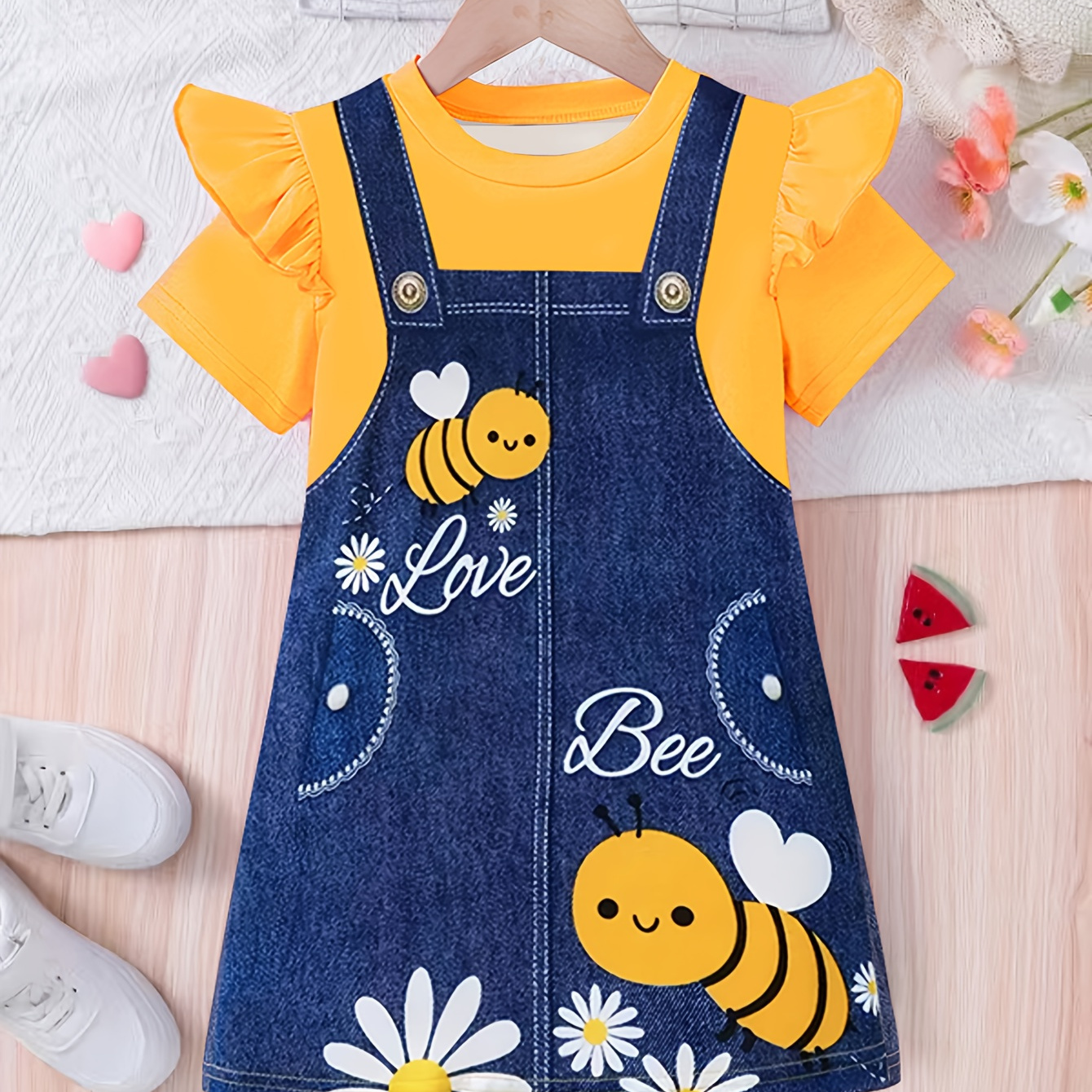 Cute Cartoon Bee Graphic Imitation Denim Print Flutter Trim Short Sleeve Dress For Girls Summer
Cute Cartoon Bee Graphic Imitation Denim Print Flutter Trim Short Sleeve Dress For Girls Summer