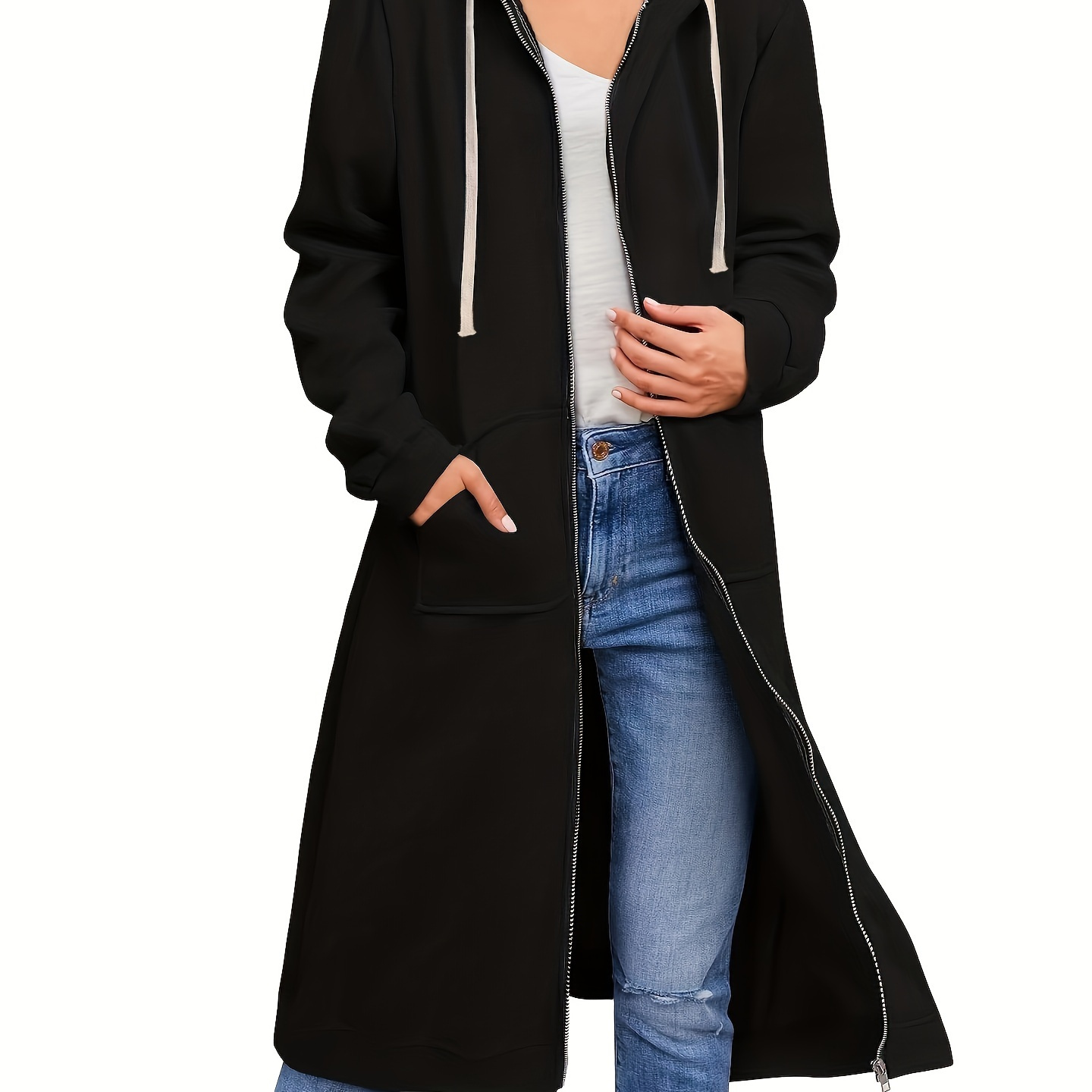 Zip Up Mid Length Jacket, Casual Drawstring Hooded Long Sleeve Outerwear, Women's Clothing
Zip Up Mid Length Jacket, Casual Drawstring Hooded Long Sleeve Outerwear, Women's Clothing
