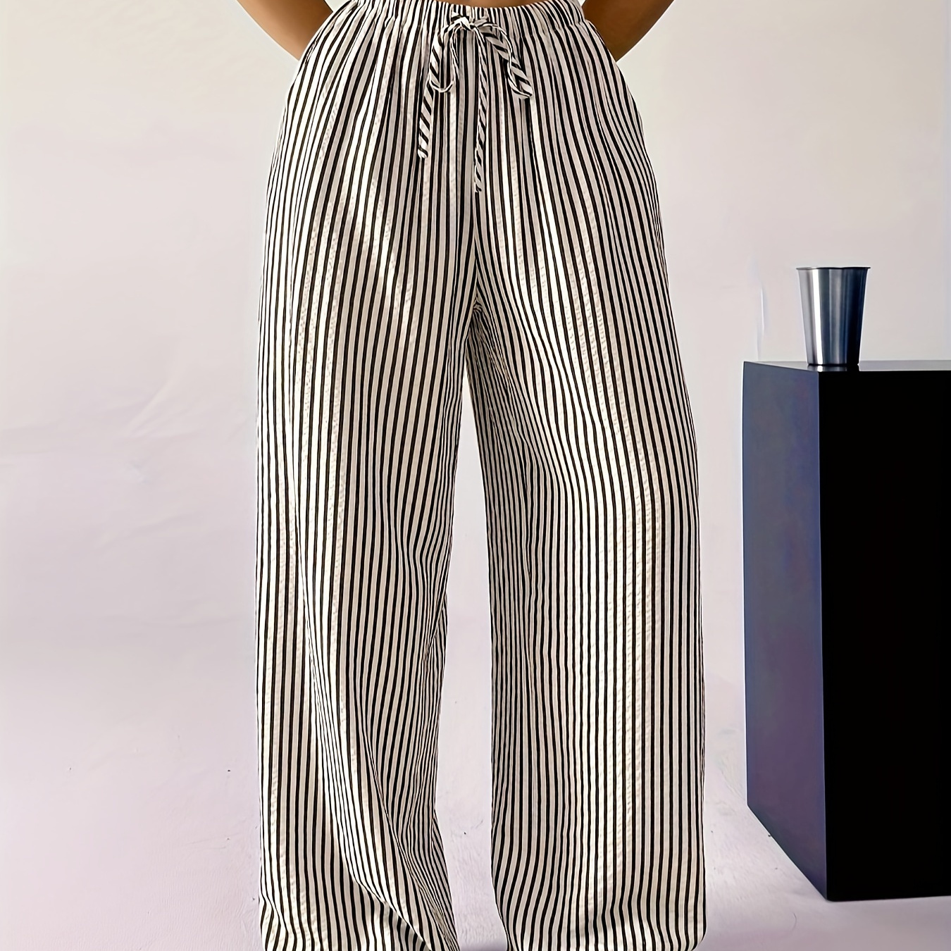Striped Fake Drawstring Wide Leg Pants, Casual & Versatile High Waist Pants For Spring & Summer, Women's Clothing
Striped Fake Drawstring Wide Leg Pants, Casual & Versatile High Waist Pants For Spring & Summer, Women's Clothing