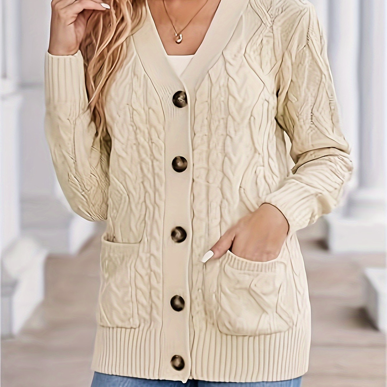 Elegant Long Cable Knit Cardigan With Button Detail - V-neck, Mid-stretch Polyester Sweater For Women - Fall/winter
Elegant Long Cable Knit Cardigan With Button Detail - V-neck, Mid-stretch Polyester Sweater For Women - Fall/winter