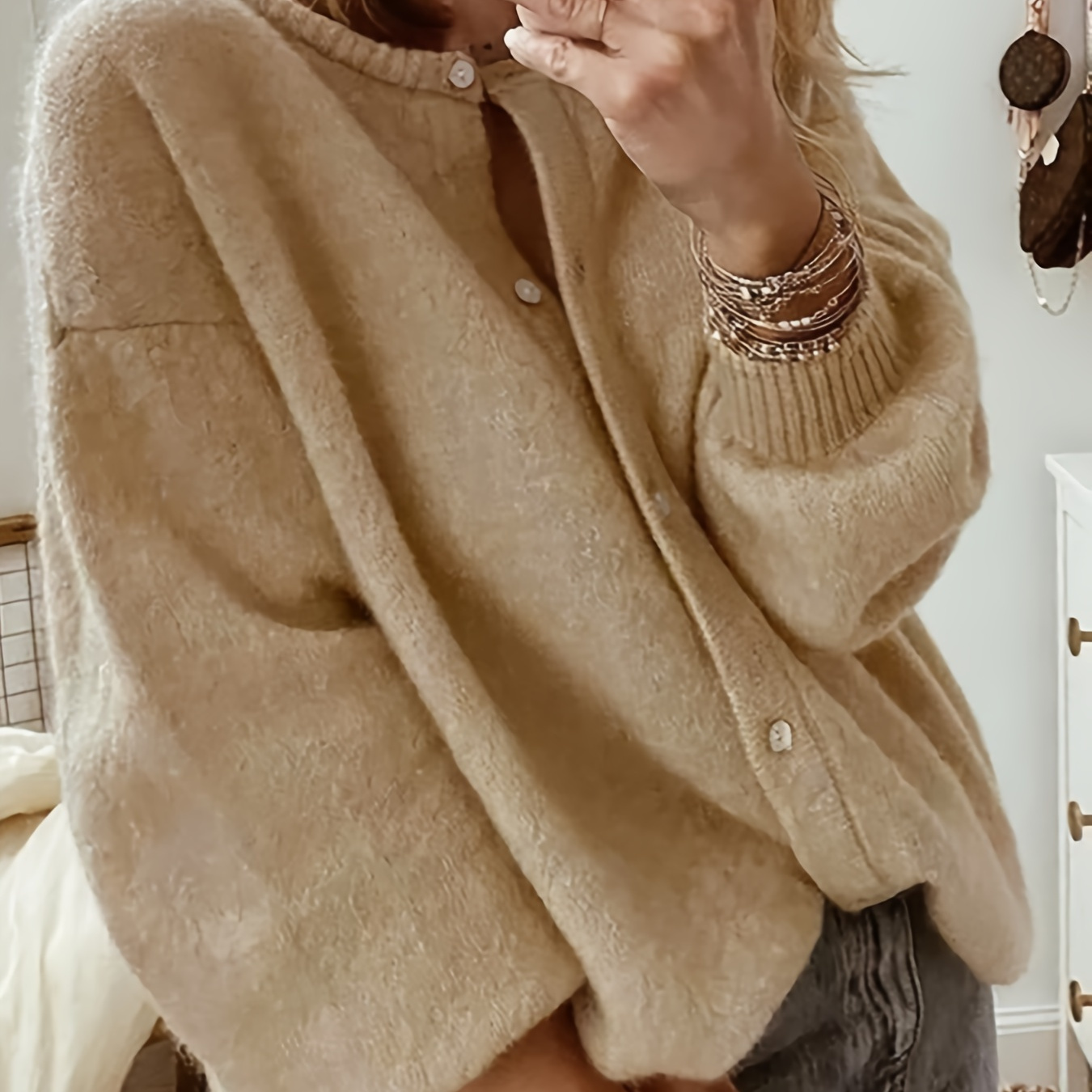Crew Neck Button Front Cardigan, Casual Drop Shoulder Long Sleeve Solid Color Cardigan For Fall & Winter, Women's Clothing
Crew Neck Button Front Cardigan, Casual Drop Shoulder Long Sleeve Solid Color Cardigan For Fall & Winter, Women's Clothing