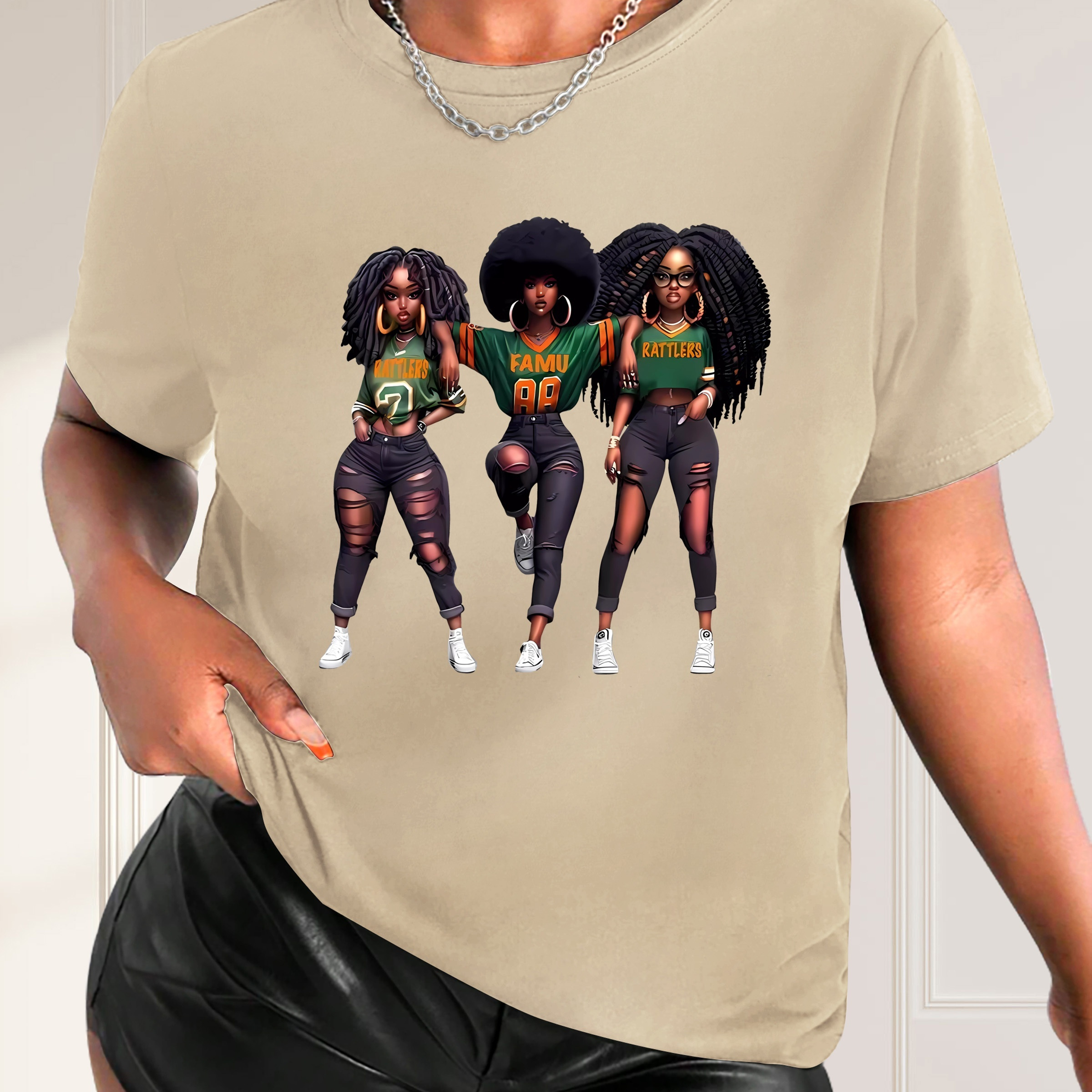 Women's Fashion T-shirt With Afro Model Print, Casual Style, Round Neck, Short Sleeve Top, Trendy Graphic Tee For Ladies
Women's Fashion T-shirt With Afro Model Print, Casual Style, Round Neck, Short Sleeve Top, Trendy Graphic Tee For Ladies