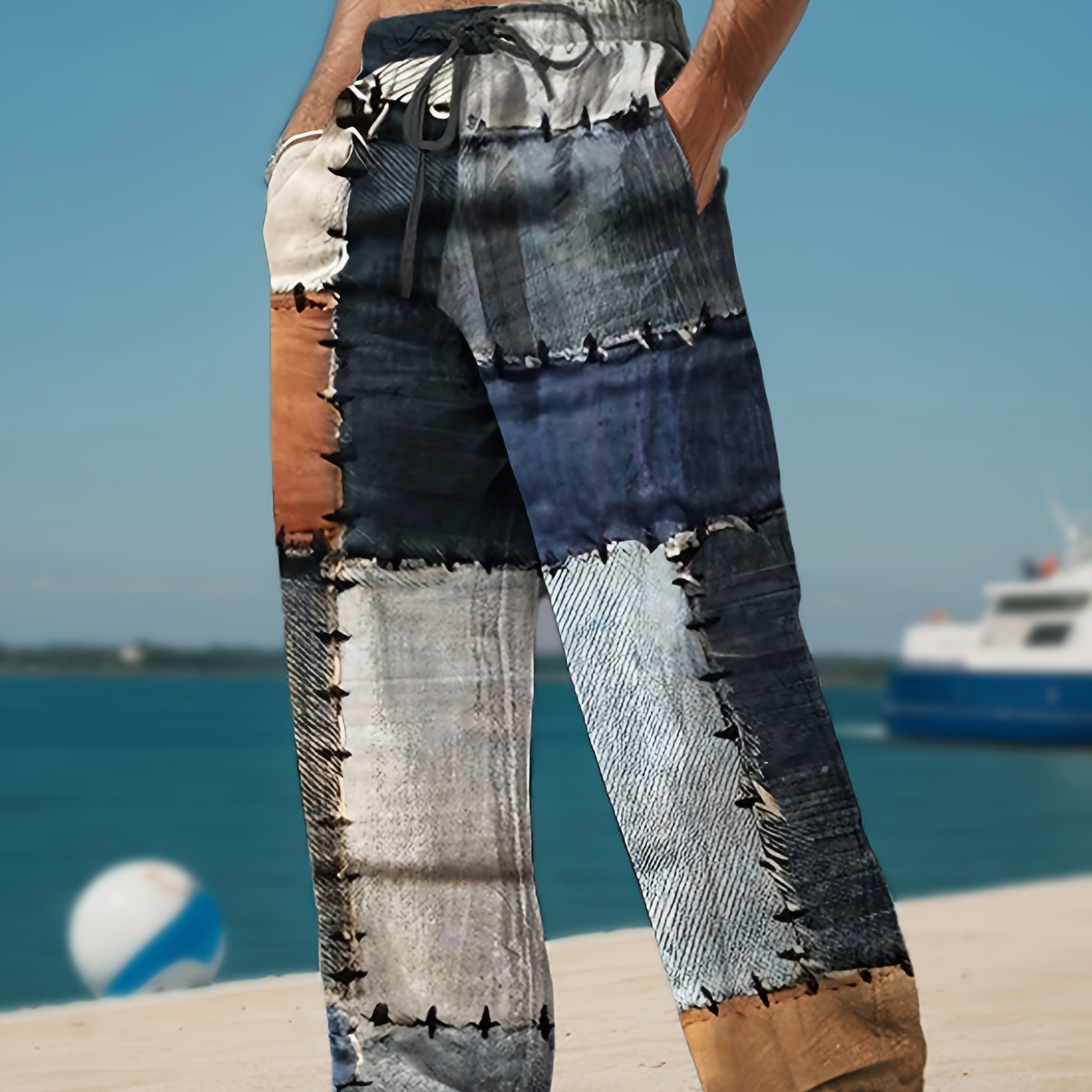 Men's Patchwork Pattern Drawstring Waist Beach Pants, Lightweight Outdoor Long Trousers For Summer
Men's Patchwork Pattern Drawstring Waist Beach Pants, Lightweight Outdoor Long Trousers For Summer