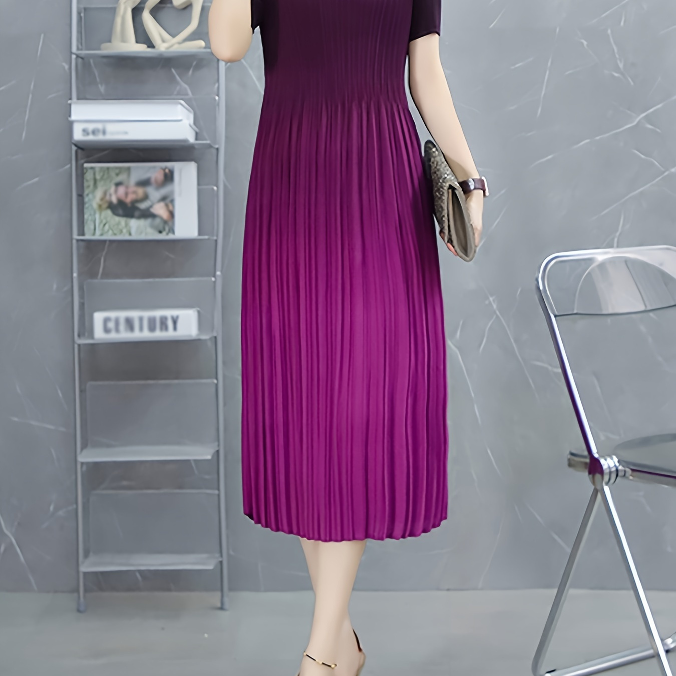 Size Pleated Midi Dress - Gradient Color, Short Sleeve, Crew Neck, Stretch Fabric, Machine Washable - Summer
Size Pleated Midi Dress - Gradient Color, Short Sleeve, Crew Neck, Stretch Fabric, Machine Washable - Summer