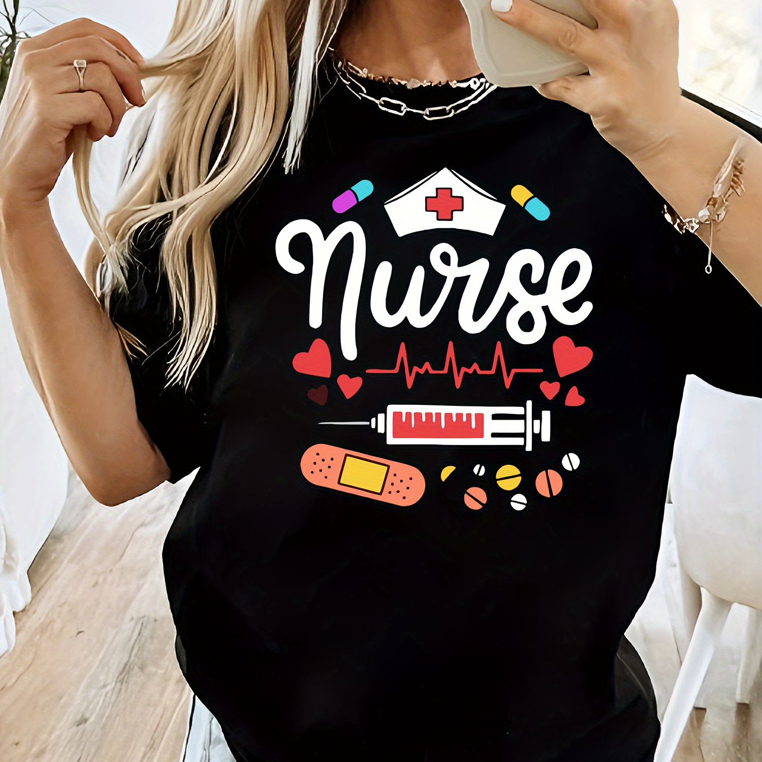 Nurse Print T-shirt, Casual Crew Neck Short Sleeve Top For Spring & Summer, Women's Clothing
Nurse Print T-shirt, Casual Crew Neck Short Sleeve Top For Spring & Summer, Women's Clothing