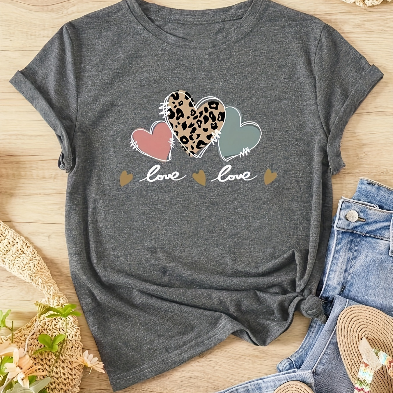 Heart & Love Print T-shirt, Casual Short Sleeve Crew Neck Top For Spring & Summer, Women's Clothing
Heart & Love Print T-shirt, Casual Short Sleeve Crew Neck Top For Spring & Summer, Women's Clothing
