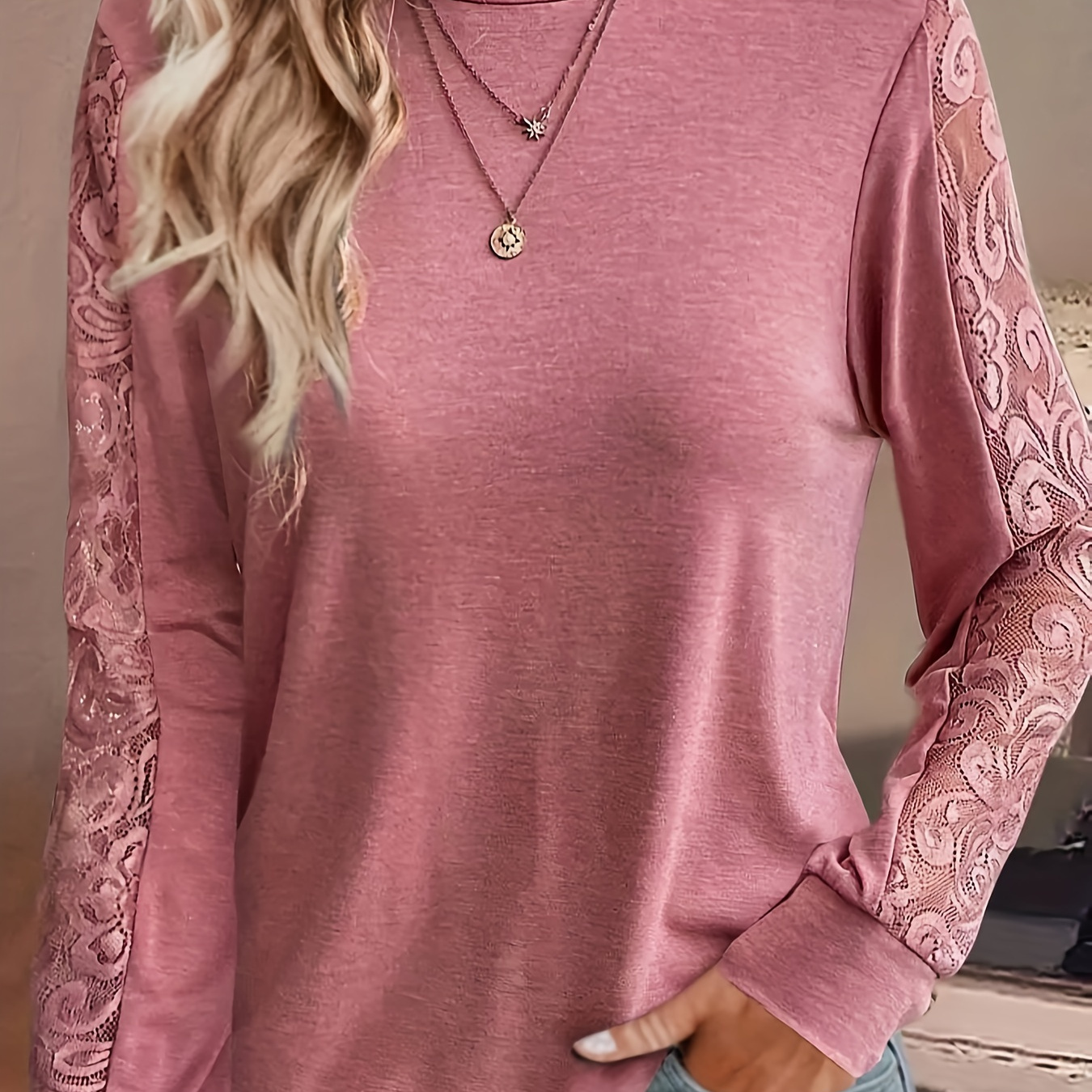 Lace Crew Neck T-shirt, Elegant Long Sleeve T-shirt For Spring & Fall, Women's Clothing
Lace Crew Neck T-shirt, Elegant Long Sleeve T-shirt For Spring & Fall, Women's Clothing